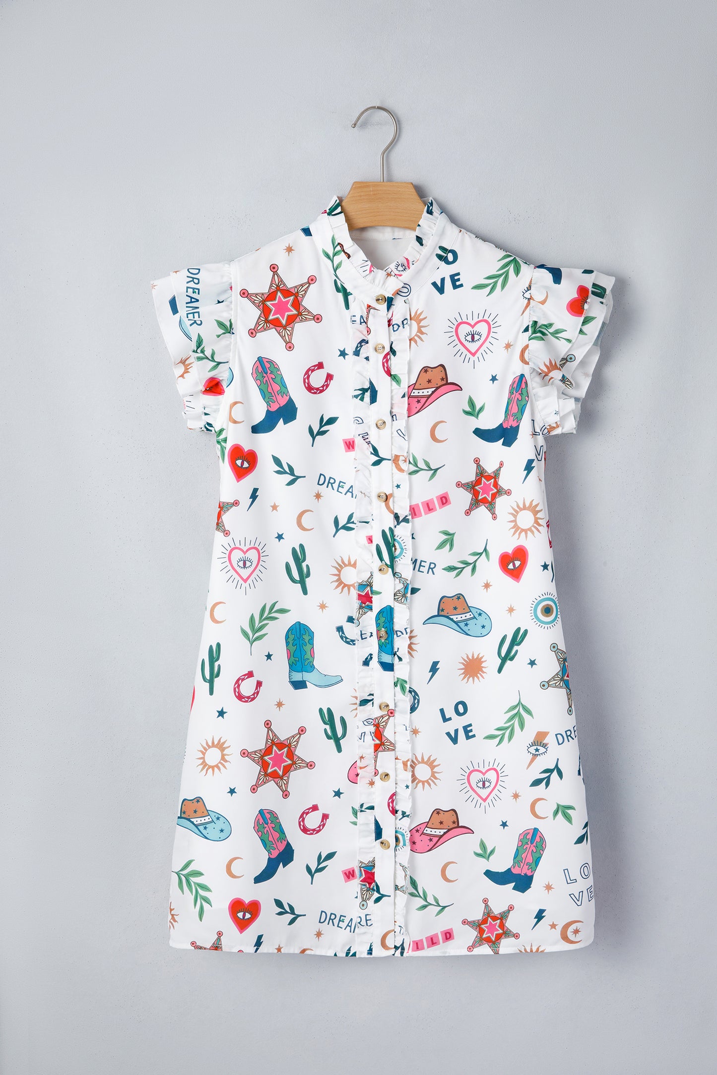 White Western Print Flutter Sleeve Button Down Mini Dress-Dresses/Mini Dresses-[Adult]-[Female]-2022 Online Blue Zone Planet