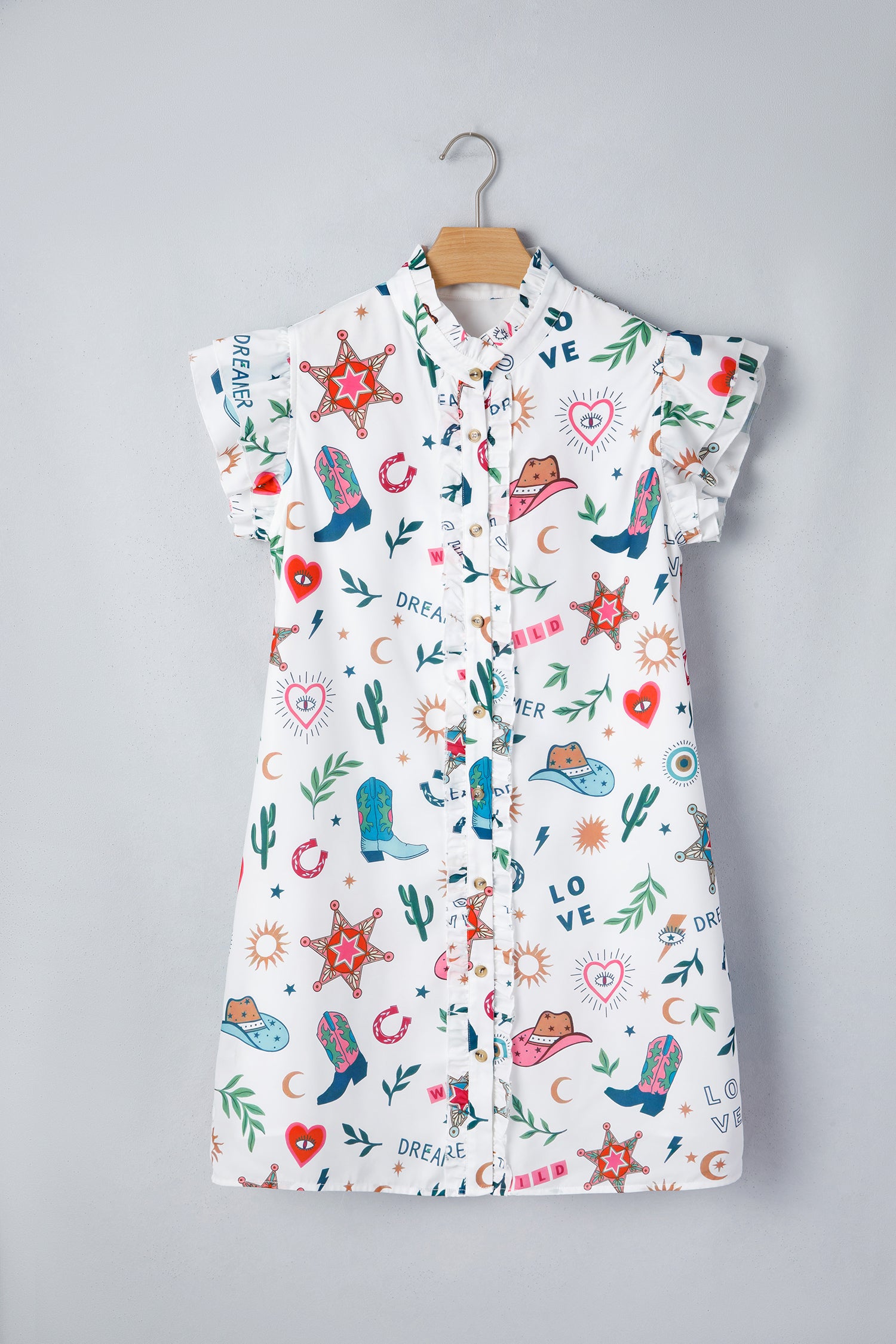 White Western Print Flutter Sleeve Button Down Mini Dress-Dresses/Mini Dresses-[Adult]-[Female]-2022 Online Blue Zone Planet