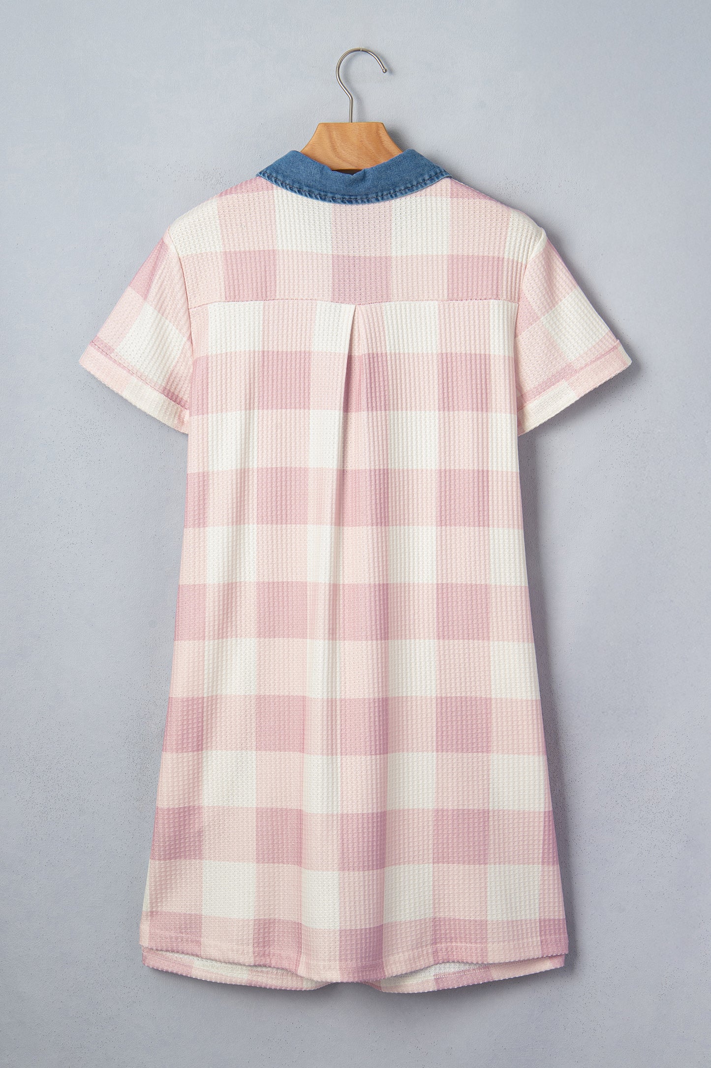 Pink Waffle Plaid Print Contrast Denim Shirt Collar Buttoned T Shirt Mini Dress-TOPS / DRESSES-[Adult]-[Female]-2022 Online Blue Zone Planet