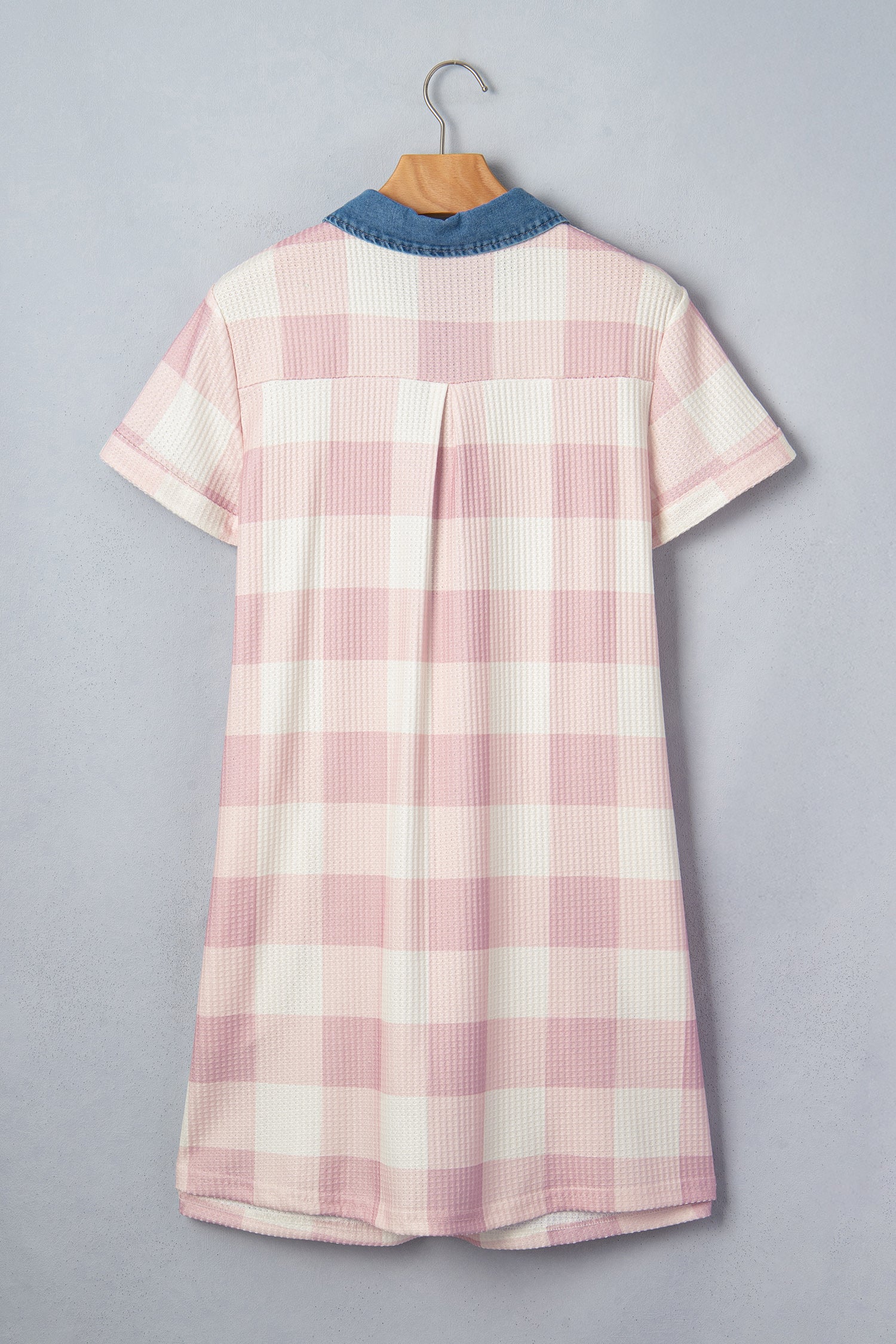 Pink Waffle Plaid Print Contrast Denim Shirt Collar Buttoned T Shirt Mini Dress-TOPS / DRESSES-[Adult]-[Female]-2022 Online Blue Zone Planet