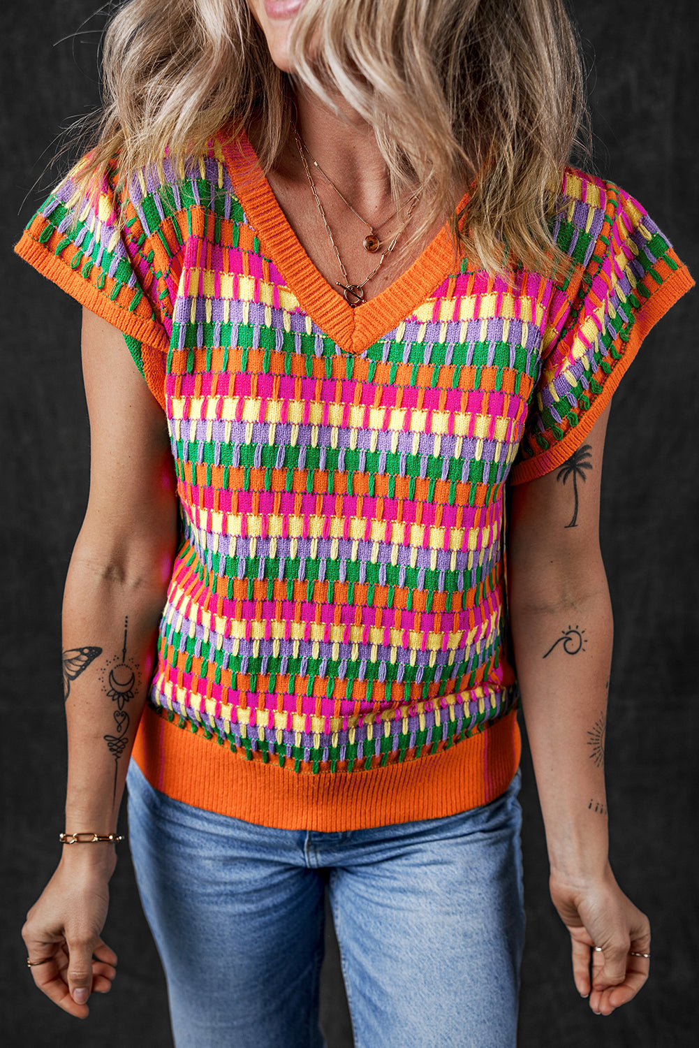 Orange Multi Flutter Sleeve Knitted Sweater Top-Sweaters & Cardigans/Short Sleeve Sweaters-[Adult]-[Female]-Orange-S-2022 Online Blue Zone Planet