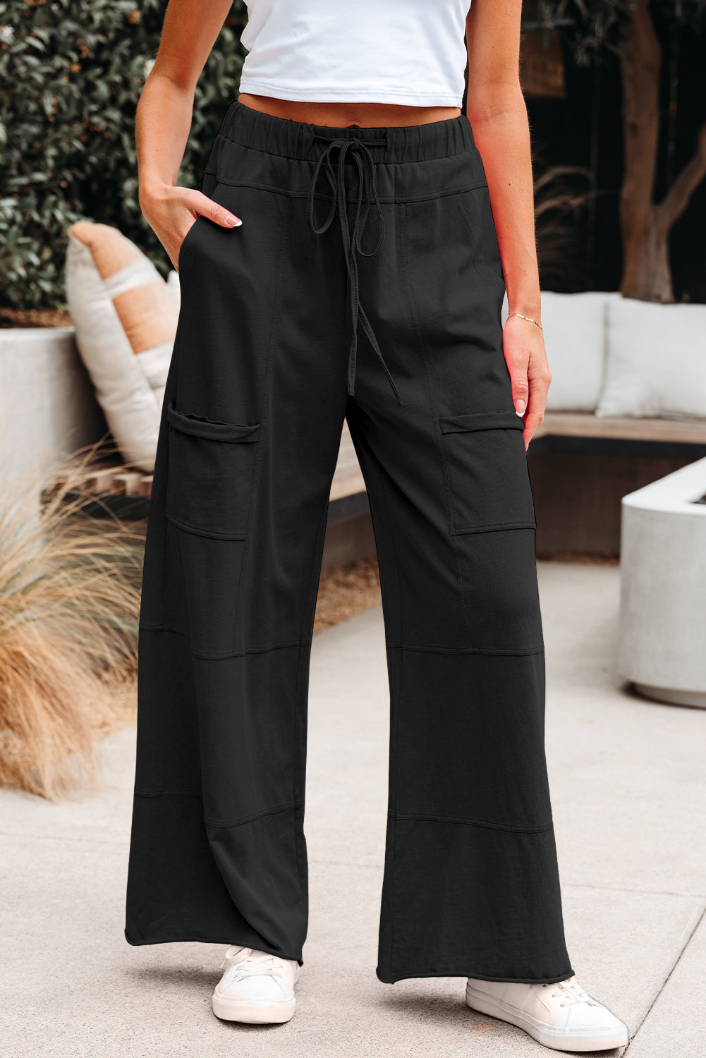Bonbon Mineral Wash Exposed Seam Drawstring High Waist Wide Leg Cargo Pants-Bottoms/Casual Shorts-[Adult]-[Female]-2022 Online Blue Zone Planet