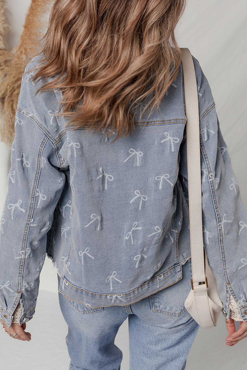 Sky Blue Bow Knot Print Light Wash Raw Hem Denim Jacket-Outerwear/Denim jackets-[Adult]-[Female]-2022 Online Blue Zone Planet