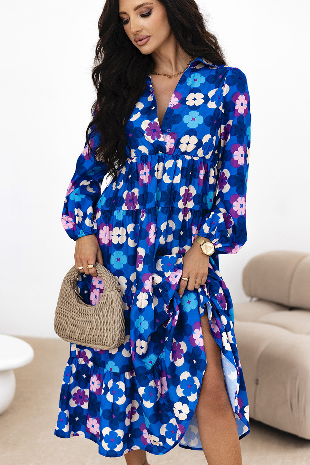 Blue Zone Planet | Blue Floral Peasant Sleeve Tiered Ruffle Midi Dress-TOPS / DRESSES-[Adult]-[Female]-2022 Online Blue Zone Planet