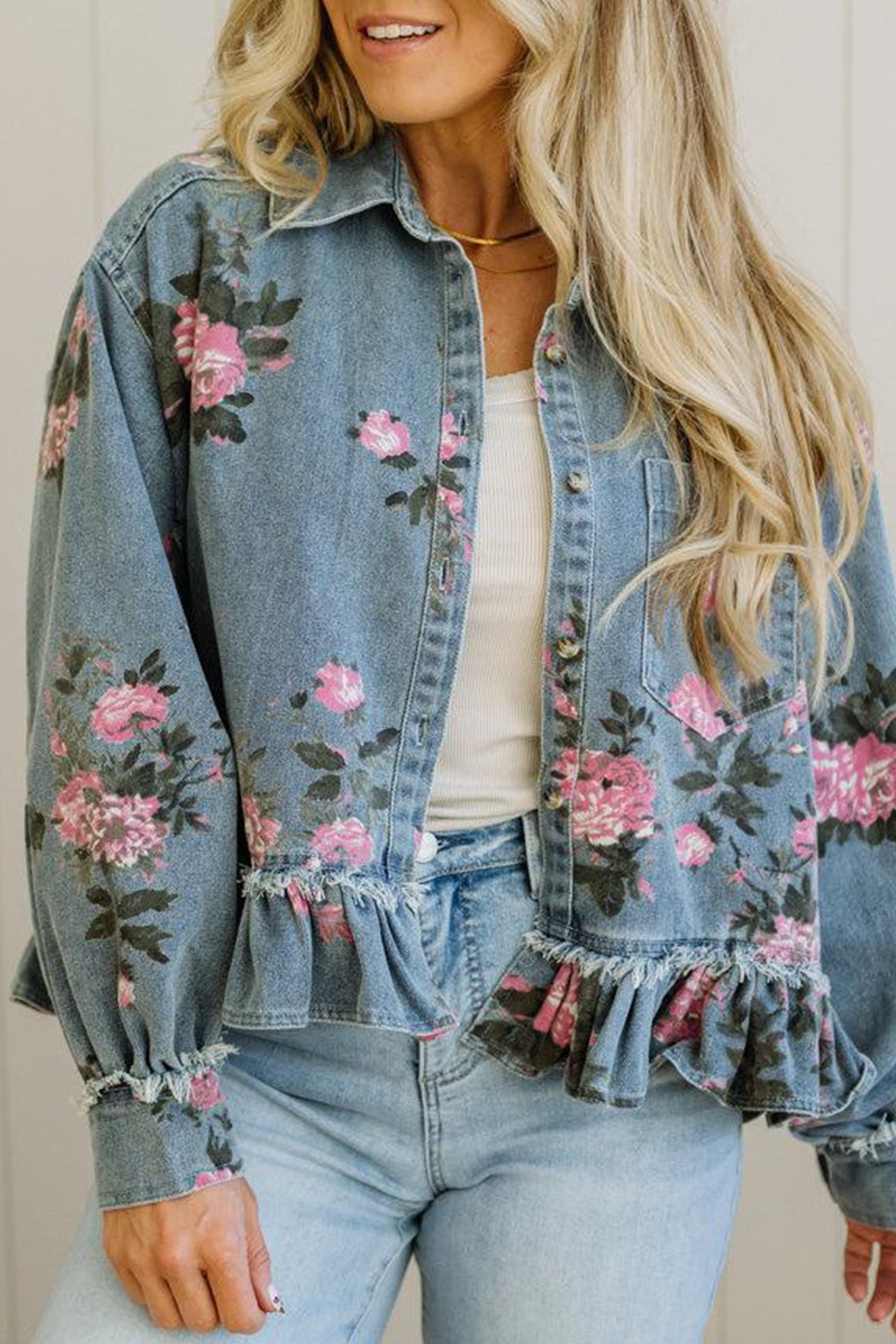 Sky Blue Floral Print Raw Seam Ruffle Hem Denim Jacket-Outerwear/Denim jackets-[Adult]-[Female]-2022 Online Blue Zone Planet