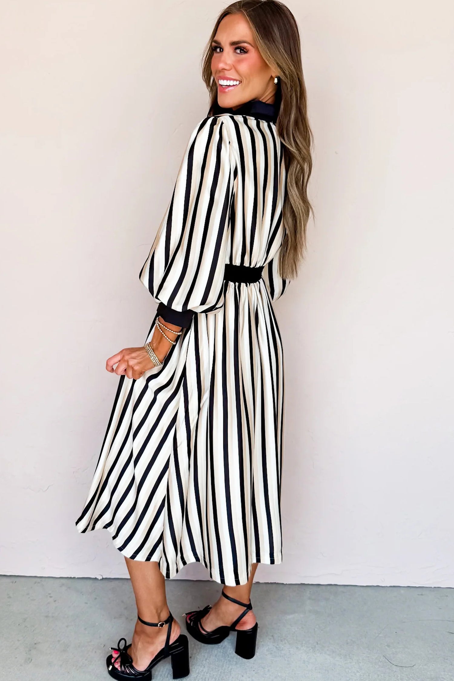 Black Stripe 3/4 Puff Sleeve Shirt Style Button Down Midi Dress-Dresses/Midi Dresses-[Adult]-[Female]-2022 Online Blue Zone Planet