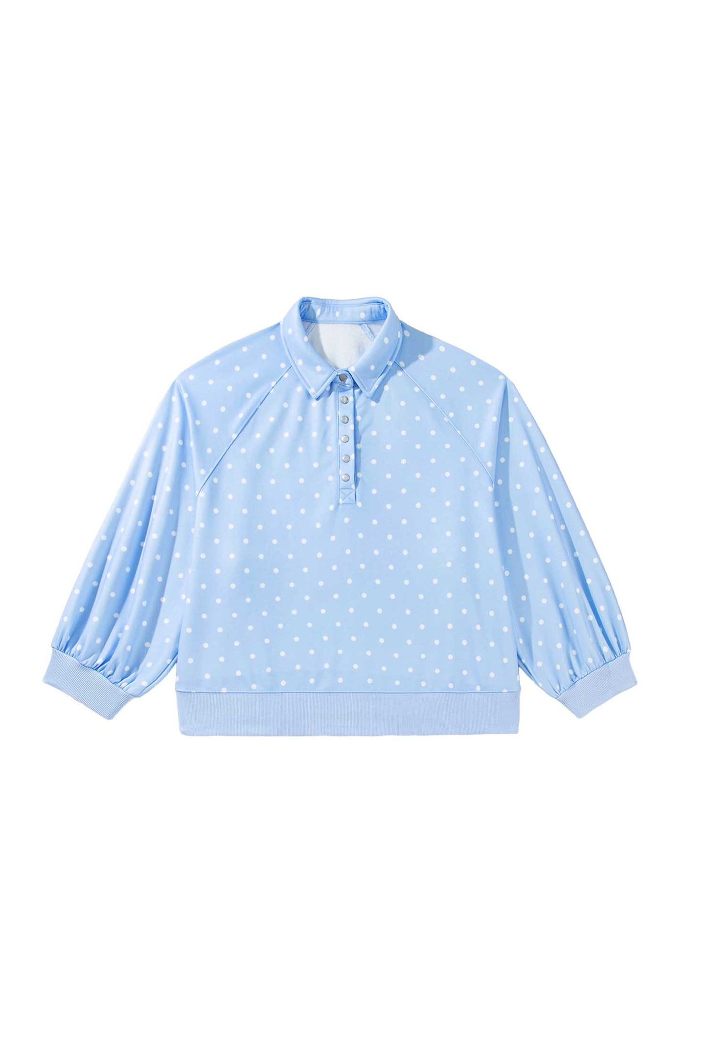Sky Blue Polka Dot V Neck Metal Button Long Sleeve Shift Plus Size Sweatshirt-Plus Size/Plus Size Sweatshirts & Hoodies-[Adult]-[Female]-2022 Online Blue Zone Planet
