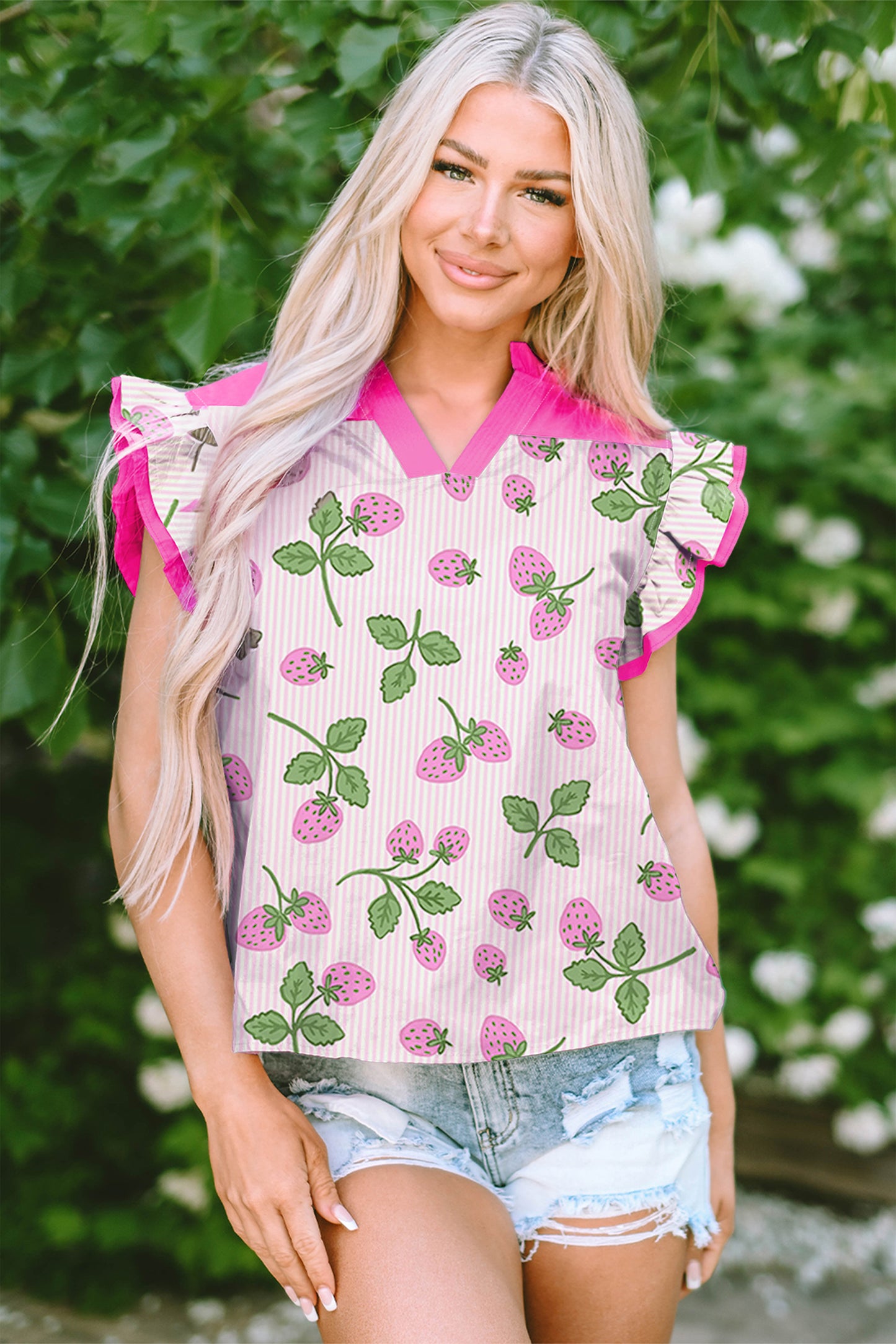 Pink Striped Strawberry Printed Color Block Patchwork V Neck Flutter Sleeve Blouse