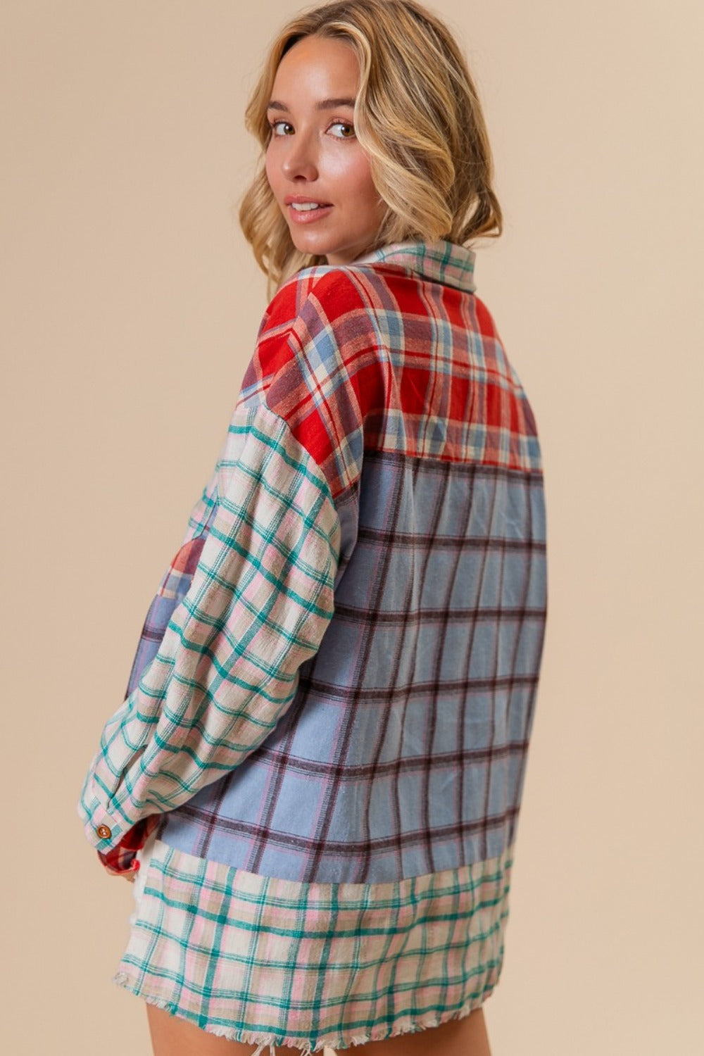 BiBi Color Block Plaid Button Down Shirt-TOPS / DRESSES-[Adult]-[Female]-2022 Online Blue Zone Planet