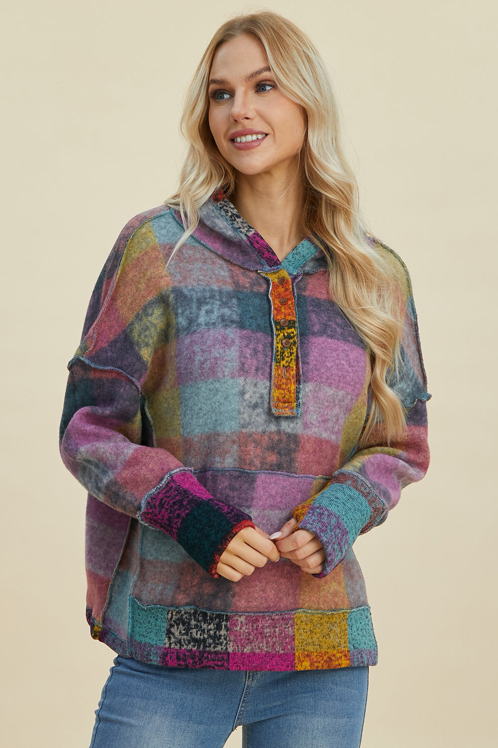 Double Take Full Size Plaid Dropped Shoulder Hoodie-HOODIES-[Adult]-[Female]-Heliotrope Purple-S-2022 Online Blue Zone Planet