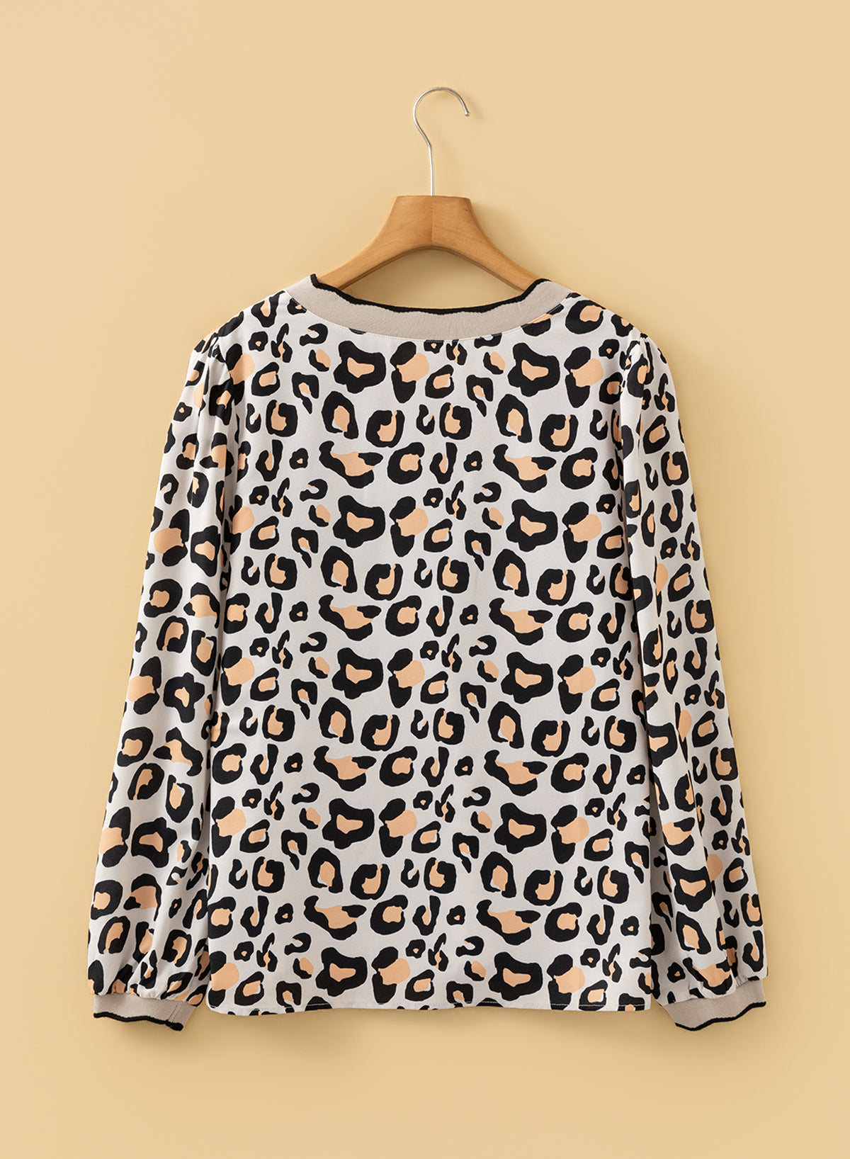 Khaki Leopard Print Contrast Scalloped V Neck Long Sleeve Blouse-Tops/Blouses & Shirts-[Adult]-[Female]-2022 Online Blue Zone Planet