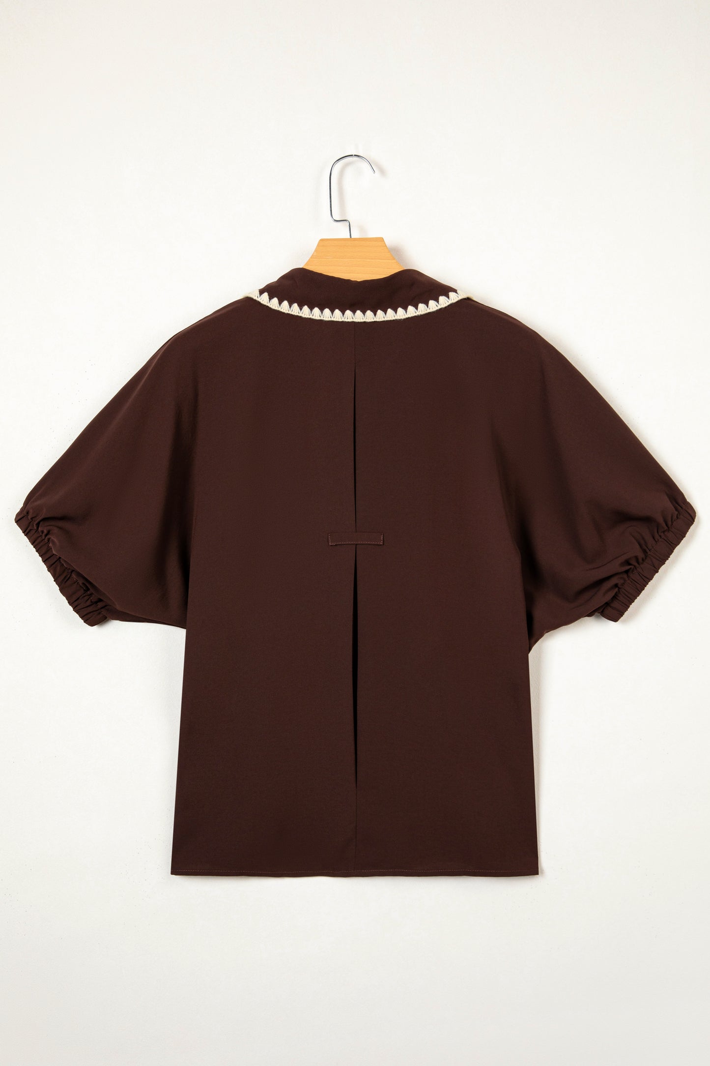 Coffee Shirt Collar Contrast Trim Button V Neck Short Sleeve Blouse-Tops/Blouses & Shirts-[Adult]-[Female]-2022 Online Blue Zone Planet