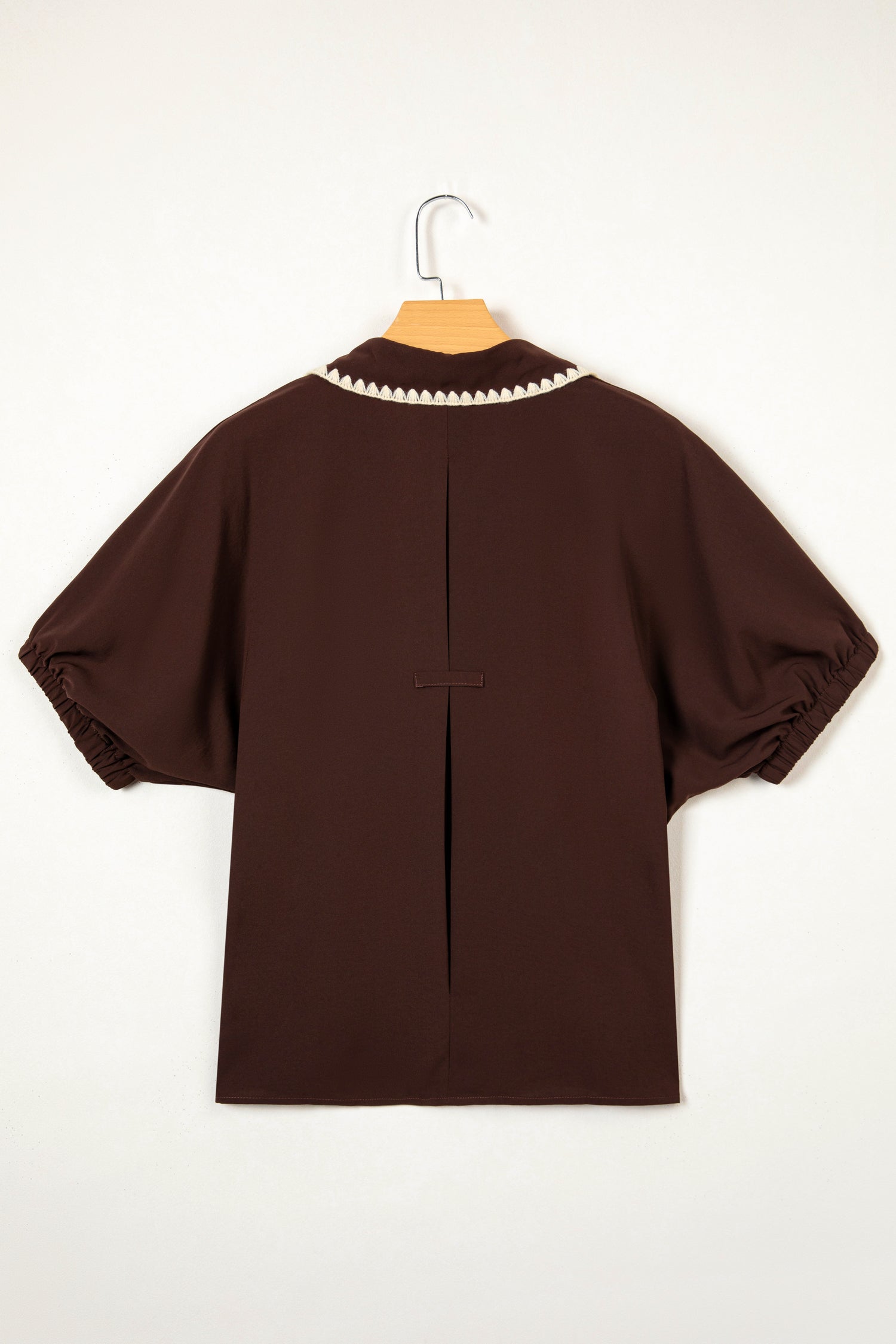 Coffee Shirt Collar Contrast Trim Button V Neck Short Sleeve Blouse-Tops/Blouses & Shirts-[Adult]-[Female]-2022 Online Blue Zone Planet