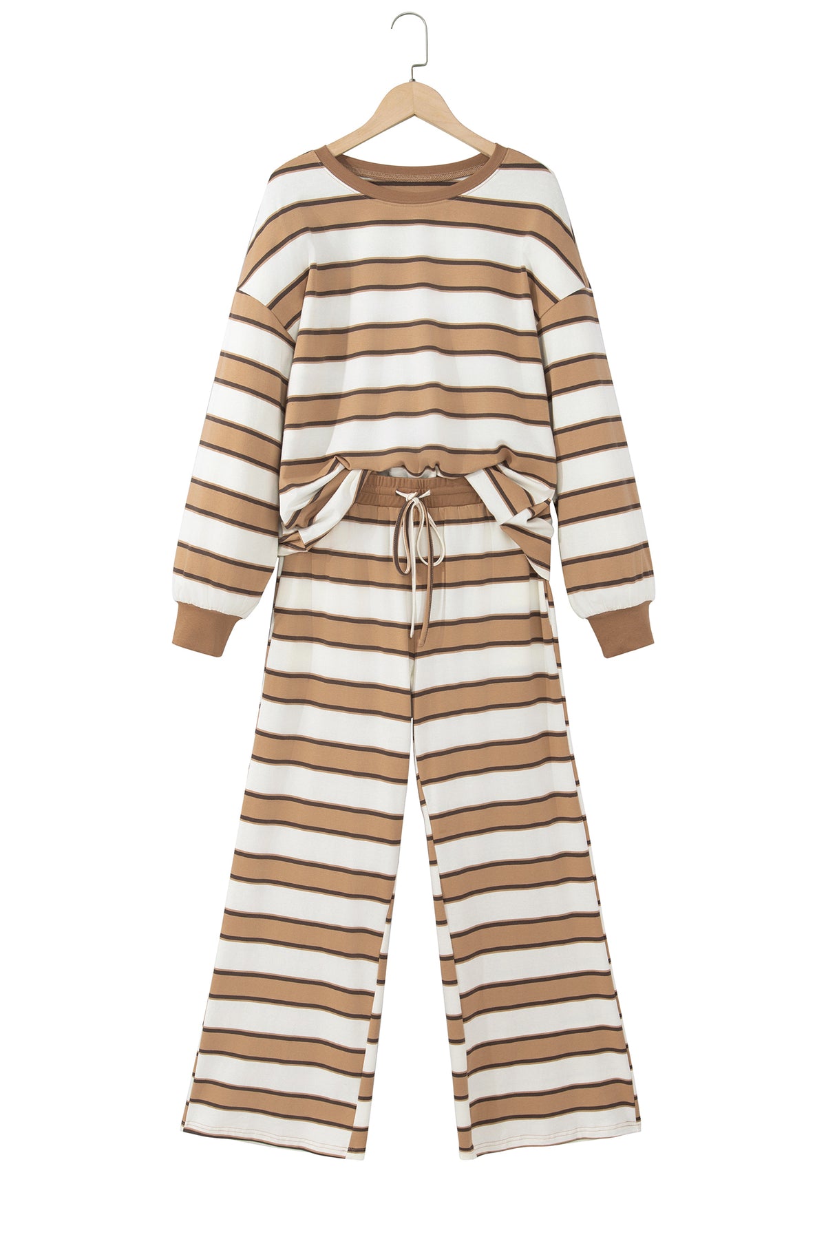 Khaki Stripe Contrast Trim Patchwork Casual Two-Piece Pants Set-Two Piece Sets/Pant Sets-[Adult]-[Female]-2022 Online Blue Zone Planet