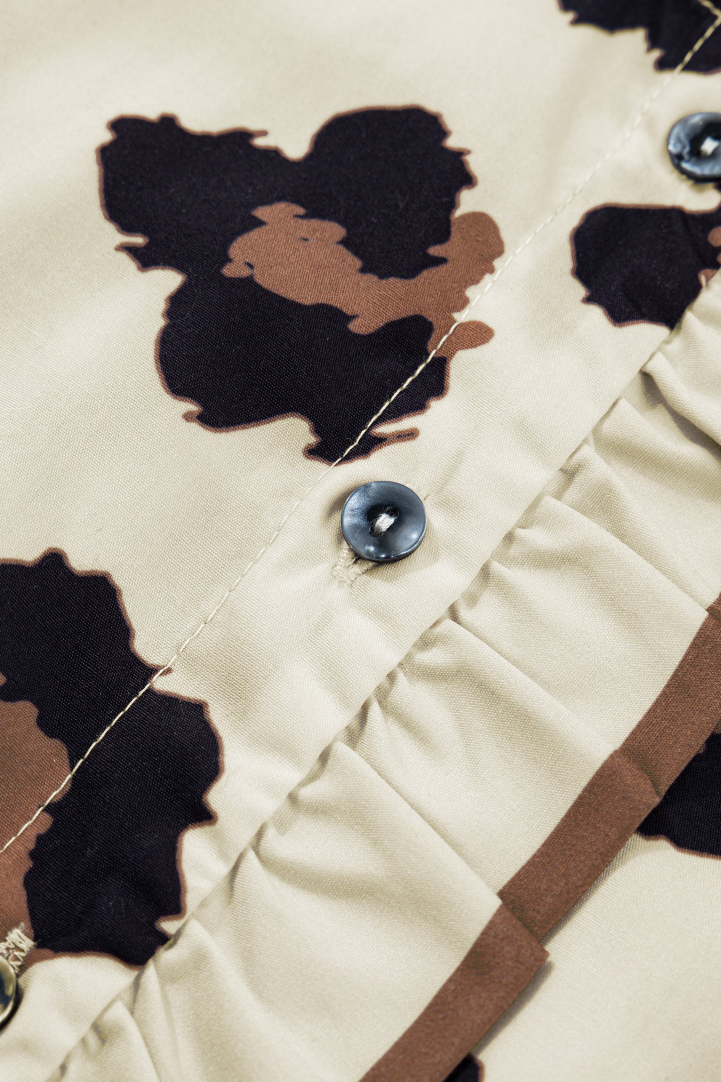 Khaki Plus Size Leopard Print Frilled Color Block Trim Button Down Short Sleeve Blouse-Plus Size/Plus Size Tops/Plus Size Blouses & Shirts-[Adult]-[Female]-2022 Online Blue Zone Planet