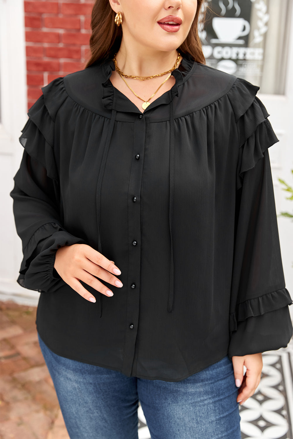 Black Ruffle Balloon Sleeve Chiffon Elegant Plus Size Shirt-Plus Size/Plus Size Tops/Plus Size Blouses & Shirts-[Adult]-[Female]-2022 Online Blue Zone Planet