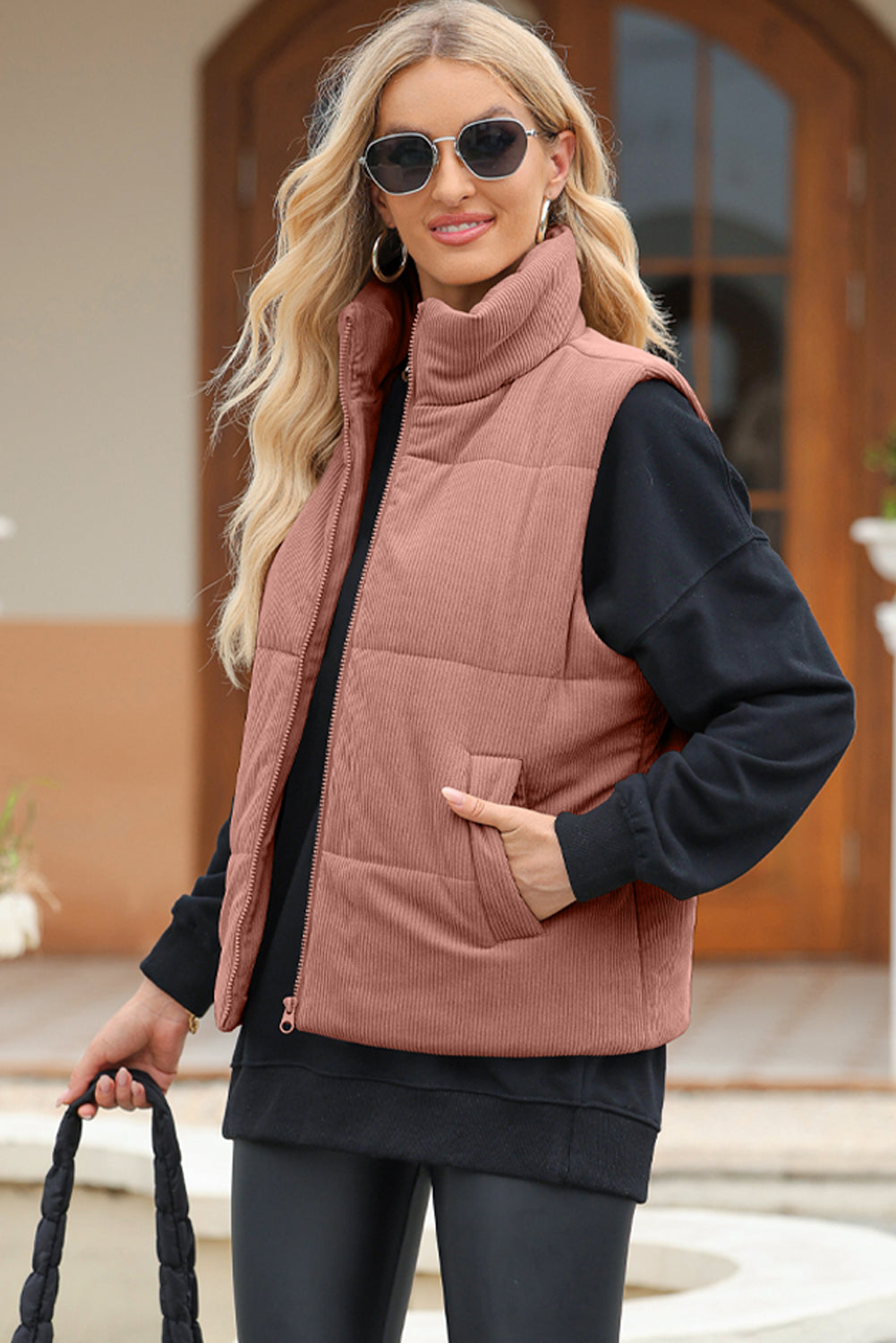 Blue Zone Planet | Pocketed Zip Up Turtleneck Vest Coat-TOPS / DRESSES-[Adult]-[Female]-Dusty Pink-S-2022 Online Blue Zone Planet