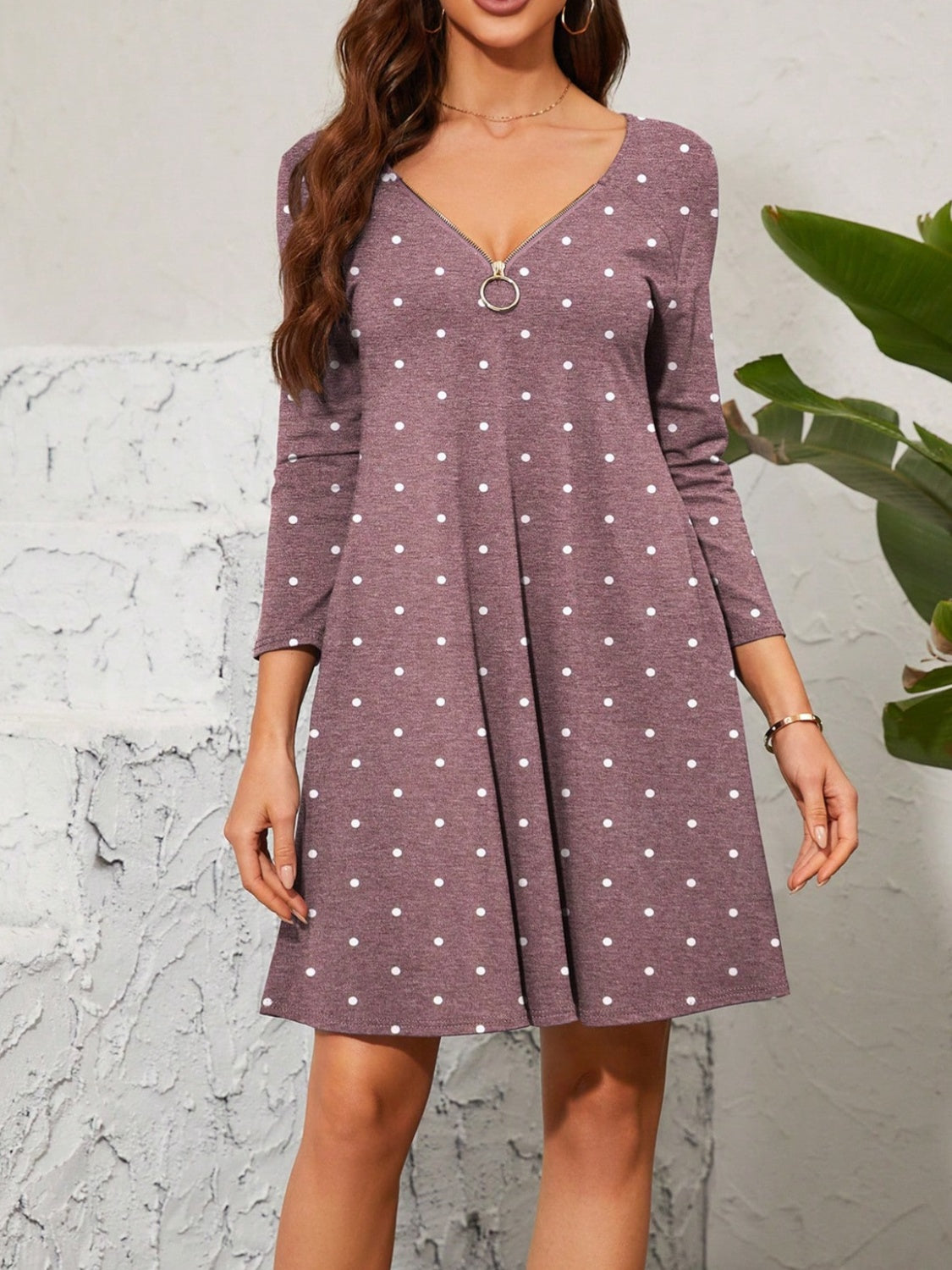 Polka Dot Quarter Zip Long Sleeve Dress-TOPS / DRESSES-[Adult]-[Female]-Mauve-S-2022 Online Blue Zone Planet