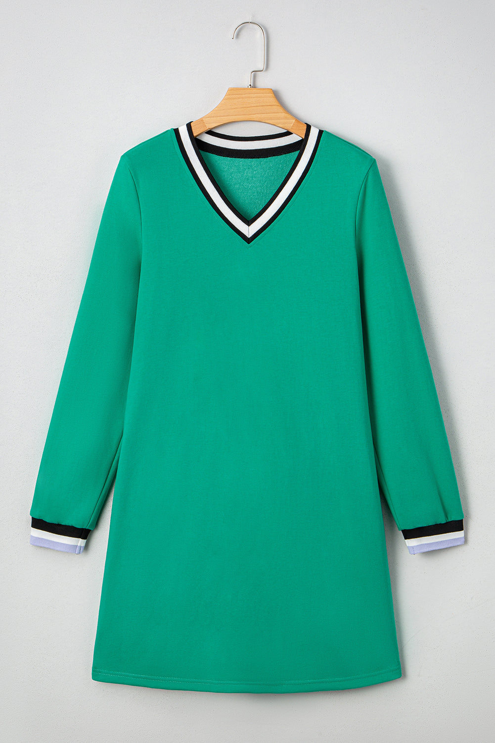 Mint Green Varsity Contrast Striped V Neck Long Sleeve T Shirt Dress with Pockets-Dresses/T Shirt Dresses-[Adult]-[Female]-2022 Online Blue Zone Planet