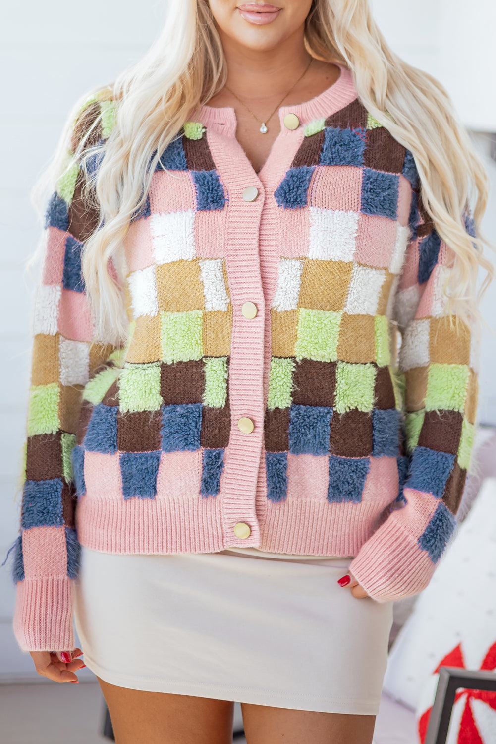Multicolour Plush Checkered Pattern Button Front Cardigan Sweater-Sweaters & Cardigans/Cardigans-[Adult]-[Female]-2022 Online Blue Zone Planet