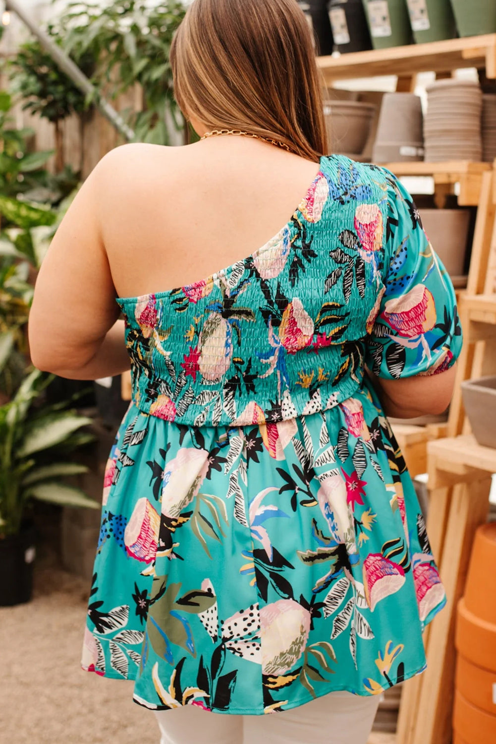 Green Plus Size Floral Smocked Bodice Single Puff Short Sleeve Babydoll Blouse-Plus Size/Plus Size Tops/Plus Size Blouses & Shirts-[Adult]-[Female]-2022 Online Blue Zone Planet