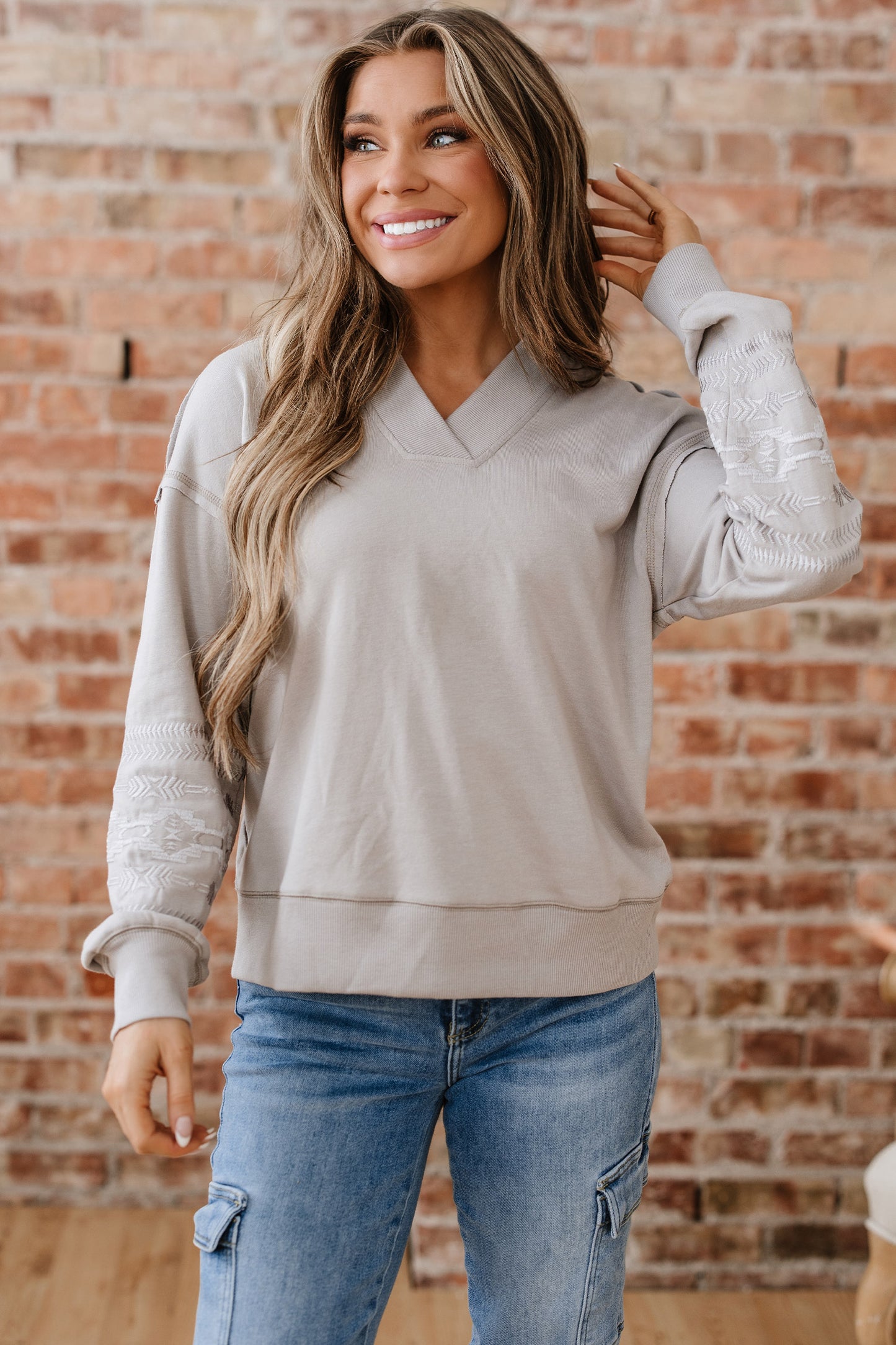 Parchment Aztec Embroidered Western V Neck Sweatshirt-Tops/Sweatshirts & Hoodies-[Adult]-[Female]-2022 Online Blue Zone Planet