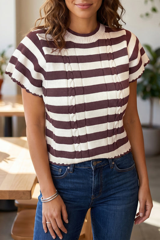 Brown Stripe Ribbed Knit Cable Detail Short Sleeve Sweater-TOPS / DRESSES-[Adult]-[Female]-Brown Stripe-S-2022 Online Blue Zone Planet