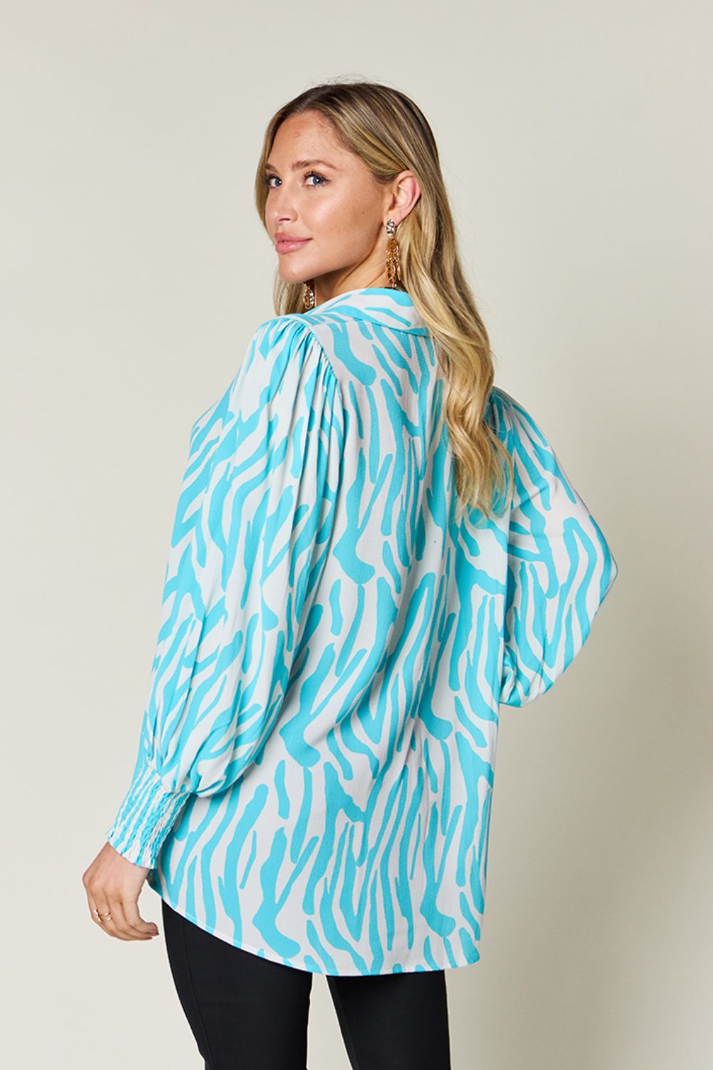 Blue Zone Planet | Double Take Full Size Printed Smocked Long Sleeve Blouse-TOPS / DRESSES-[Adult]-[Female]-2022 Online Blue Zone Planet