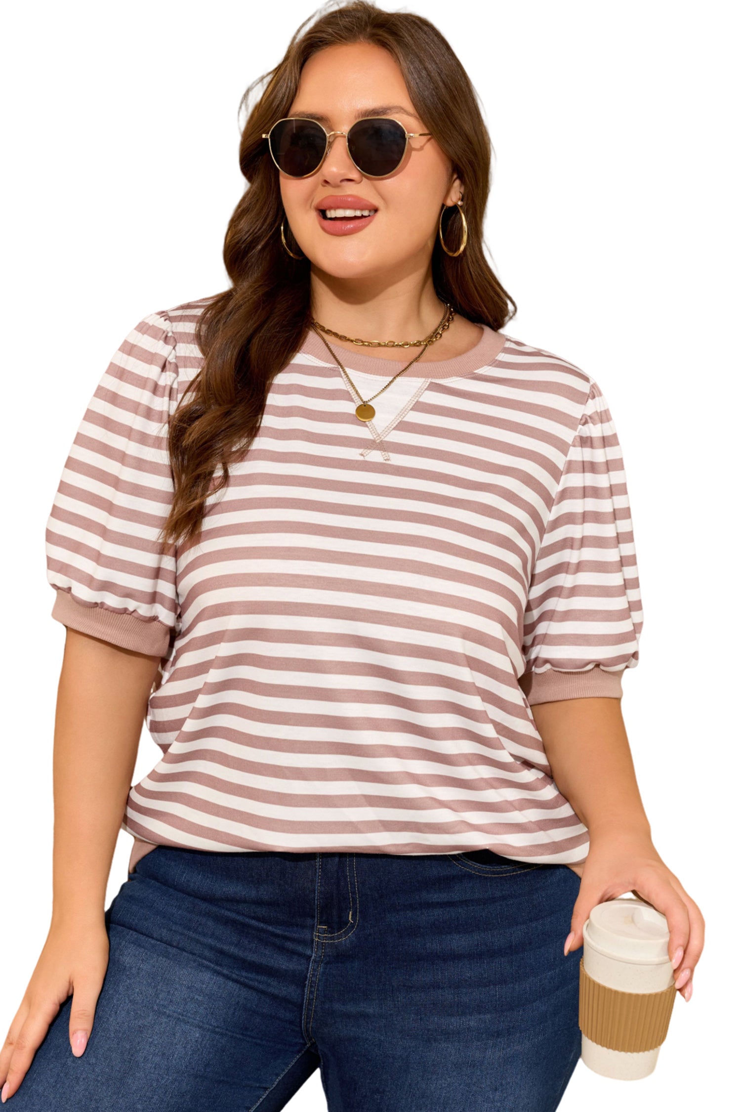 Orange Stripe Ribbed Trim Round Neck Short Puff Sleeve Plus T Shirt-Plus Size/Plus Size Tops-[Adult]-[Female]-2022 Online Blue Zone Planet