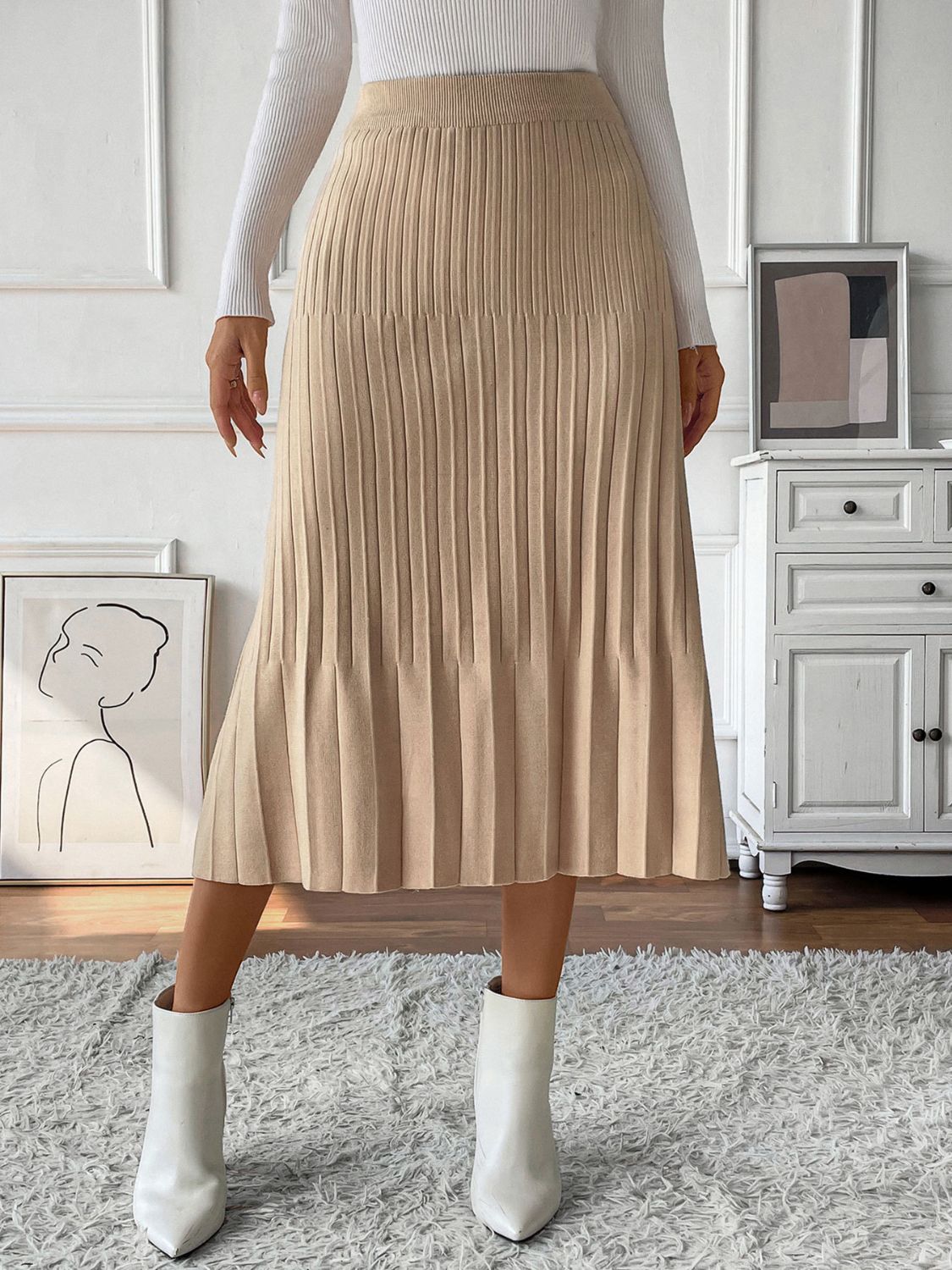 Blue Zone Planet | Perfee Pleated Midi Sweater Skirt-TOPS / DRESSES-[Adult]-[Female]-Tan-S-2022 Online Blue Zone Planet