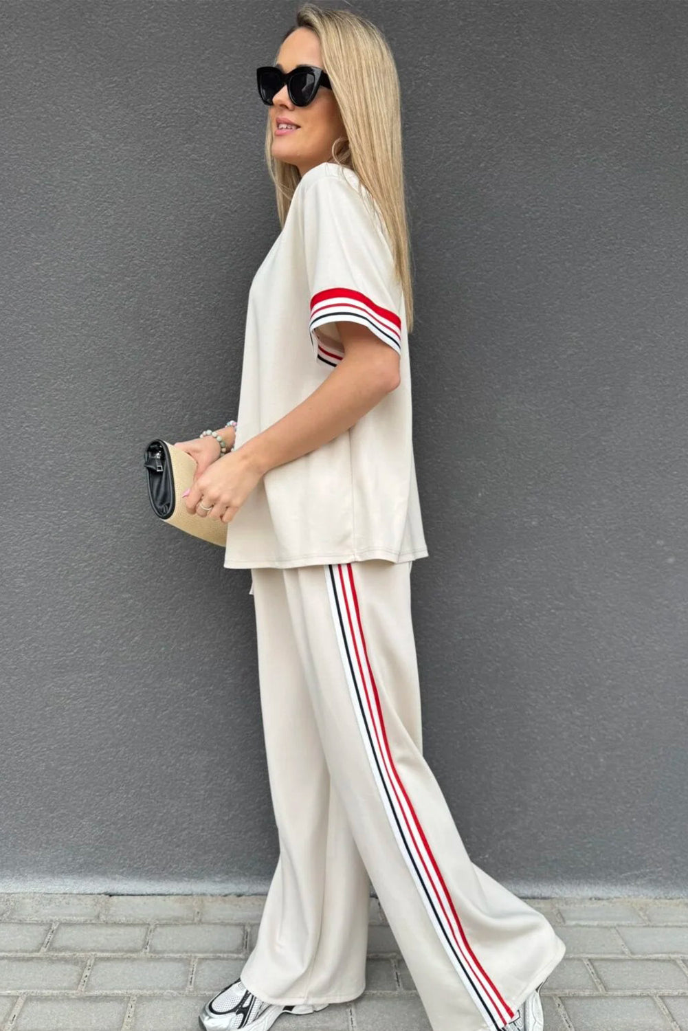 Jet Stream Contrast Striped Trim Crewneck T Shirt Loose Straight Pants Set-Two Piece Sets/Pant Sets-[Adult]-[Female]-2022 Online Blue Zone Planet