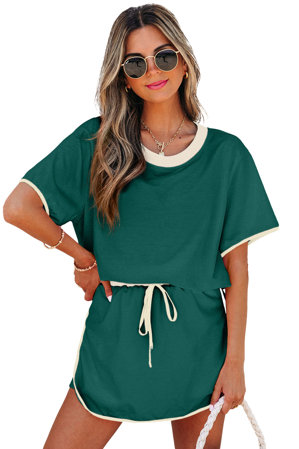 Evergreen Colorblock Edge Drop Shoulder T Shirt and Skirt 2Pcs Set-Two Piece Sets/Two Piece Dresses-[Adult]-[Female]-2022 Online Blue Zone Planet