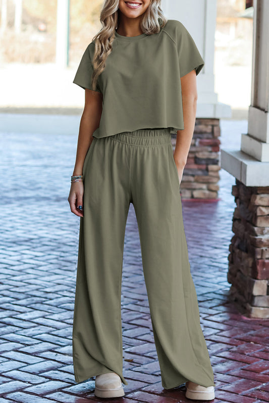 Seagrass Raw Hem Loose Tee And Wide Leg Pants Set-Two Piece Sets/Pant Sets-[Adult]-[Female]-Seagrass-S-2022 Online Blue Zone Planet
