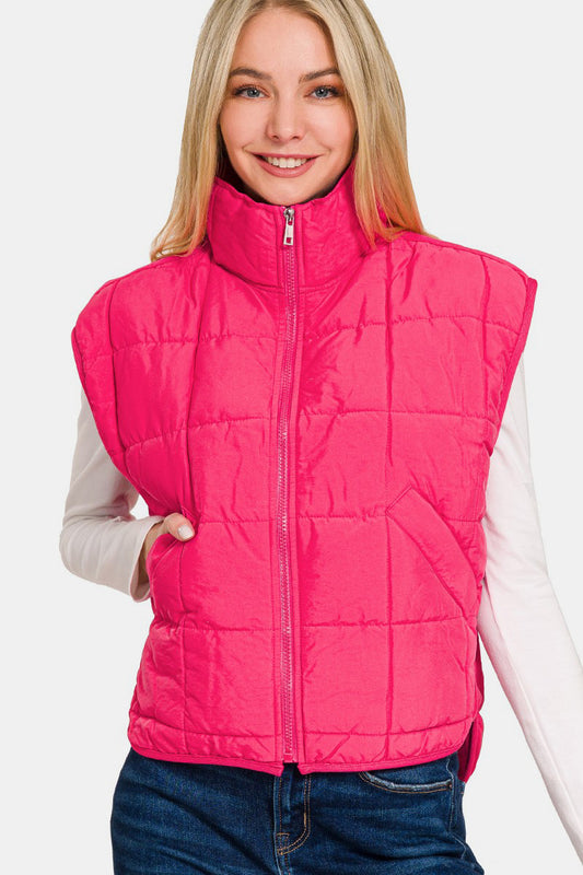 Zenana Zip Up Cropped Puffer Vest with Pockets-TOPS / DRESSES-[Adult]-[Female]-Hot Pink-S-2022 Online Blue Zone Planet