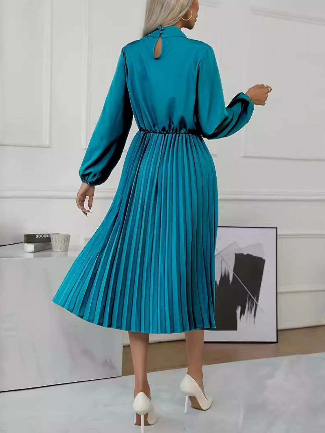 Mock Neck Long Sleeve Pleated Dress-TOPS / DRESSES-[Adult]-[Female]-2022 Online Blue Zone Planet