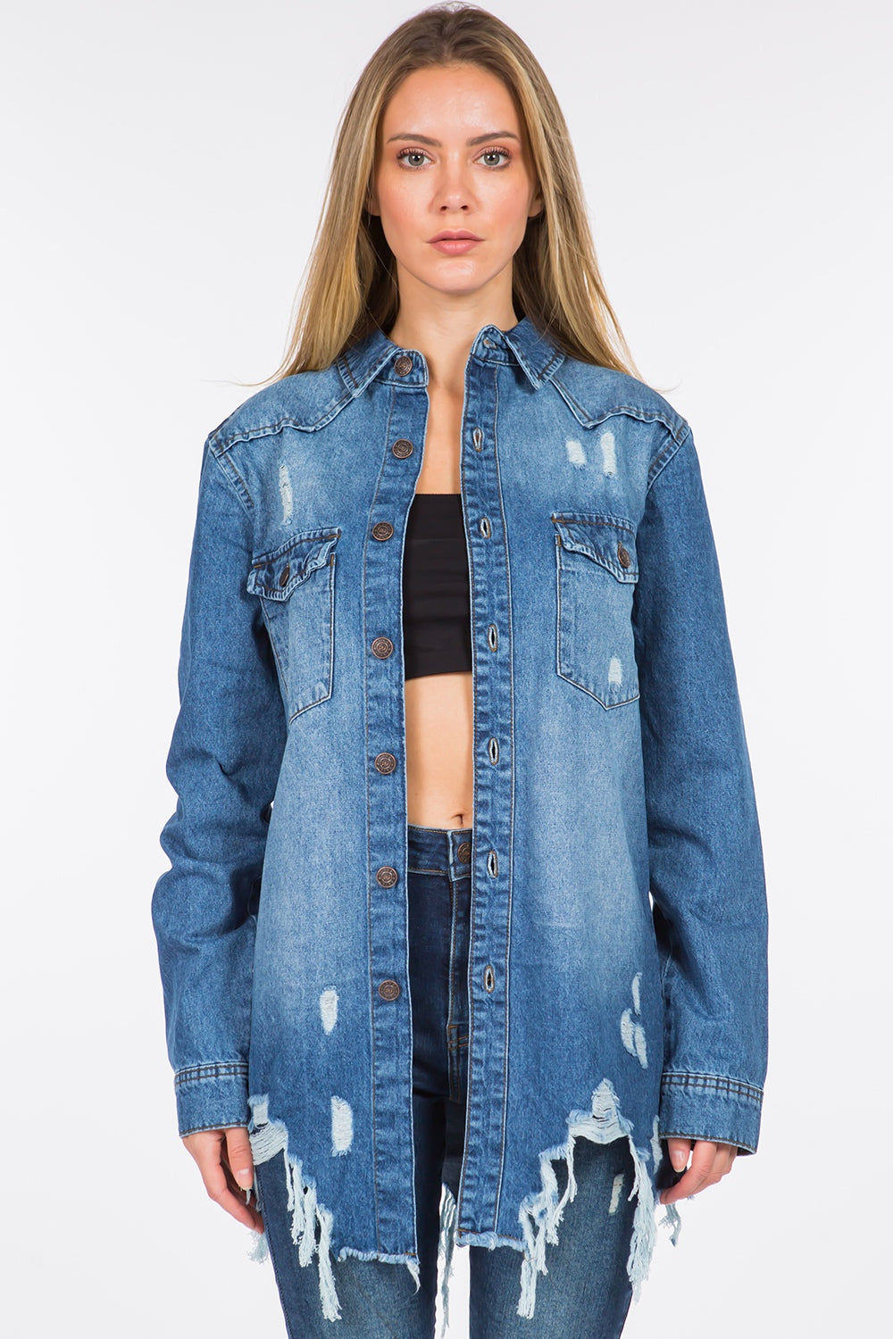 Blue Zone Planet | American Bazi Distressed Frayed Hem Denim Jacket-TOPS / DRESSES-[Adult]-[Female]-Blue-S-2022 Online Blue Zone Planet