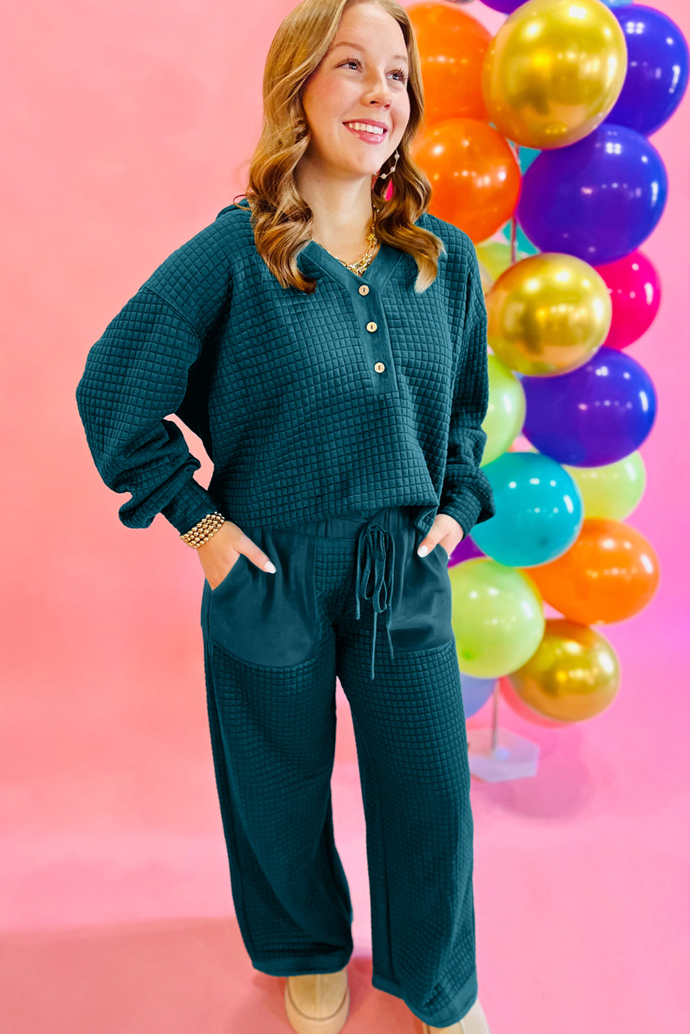 Skobeloff Waffled Textured Raw Edge Patchwork 2pcs Loose Pant Set-Two Piece Sets/Pant Sets-[Adult]-[Female]-2022 Online Blue Zone Planet