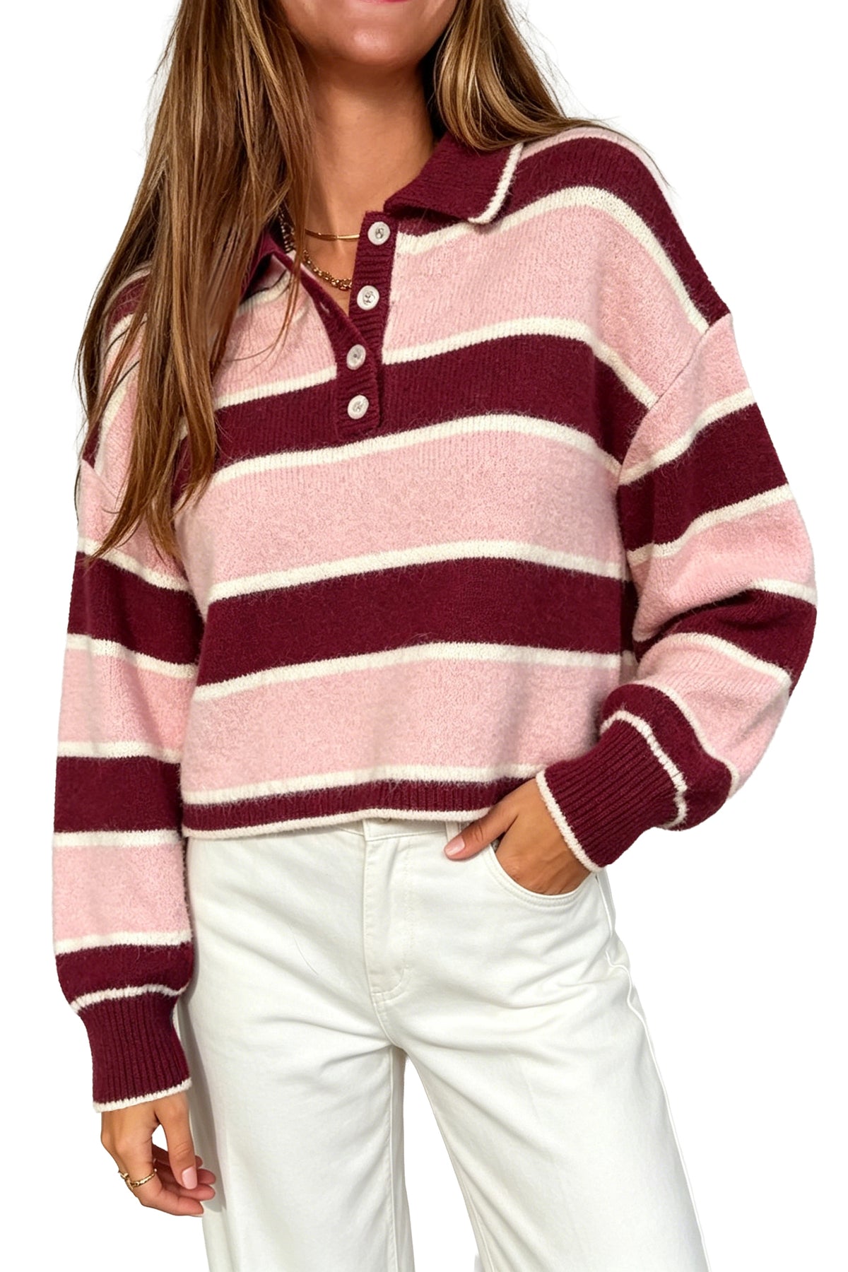 Pink Striped Polo Collar Long Sleeve Ribbed Cuff Casual Knit Sweater-Sweaters & Cardigans/Sweaters-[Adult]-[Female]-2022 Online Blue Zone Planet