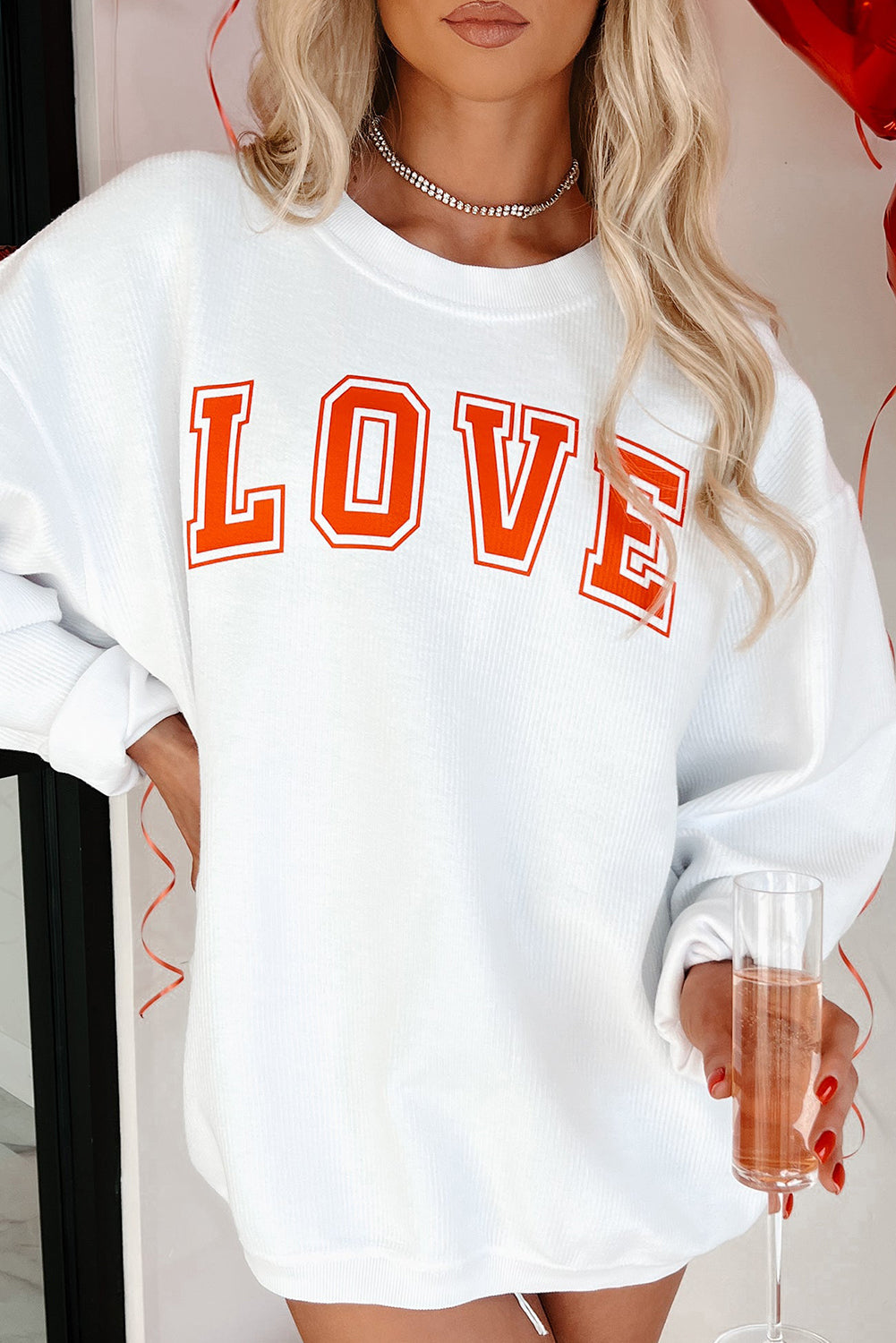 Blue Zone Planet | White LOVE Printed Crewneck Valentines Pullover Sweatshirt-Graphic Sweatshirts-[Adult]-[Female]-2022 Online Blue Zone Planet