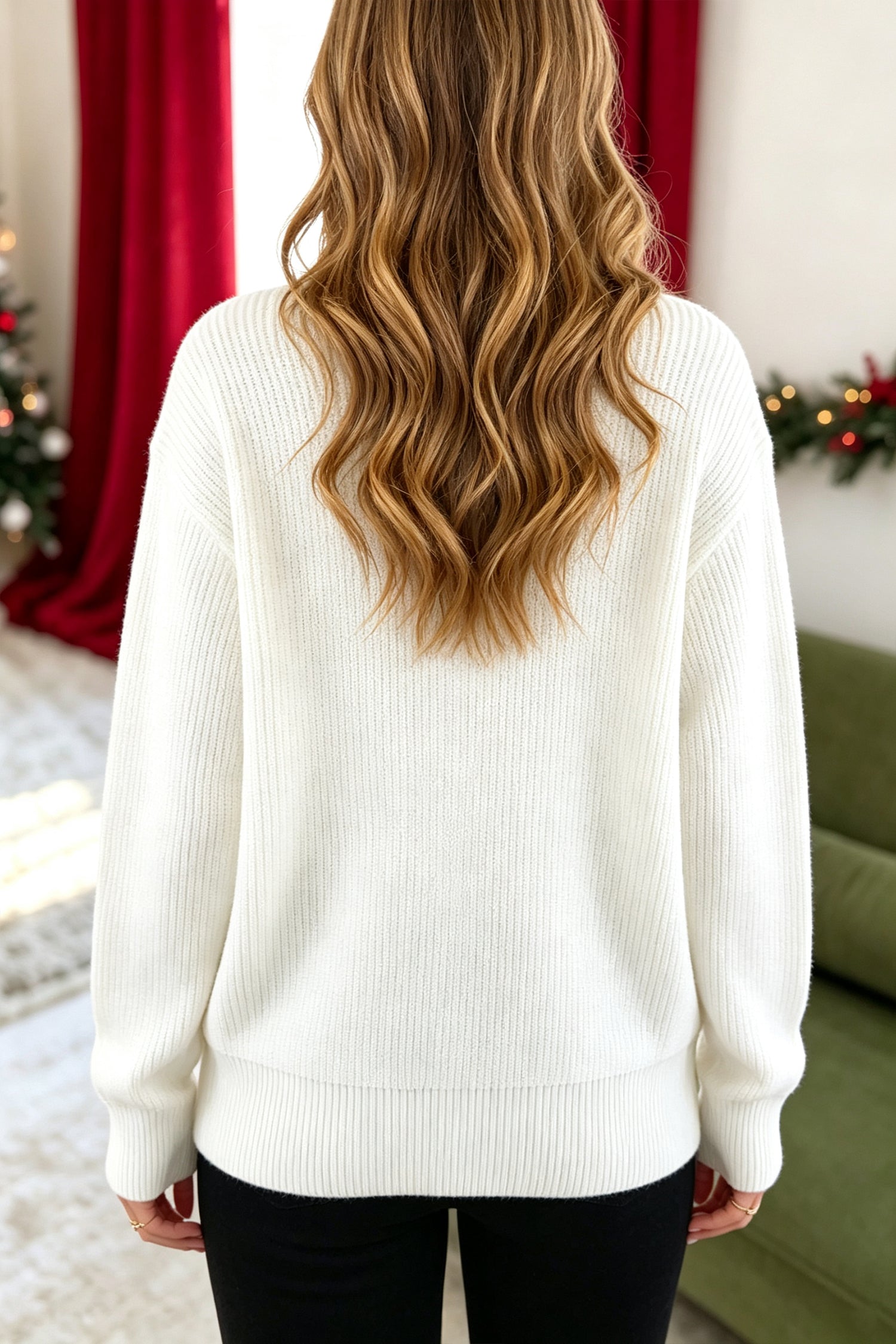 White Christmas Wreath Pattern Round Neck Casual Sweater-Sweaters & Cardigans/Sweaters-[Adult]-[Female]-2022 Online Blue Zone Planet