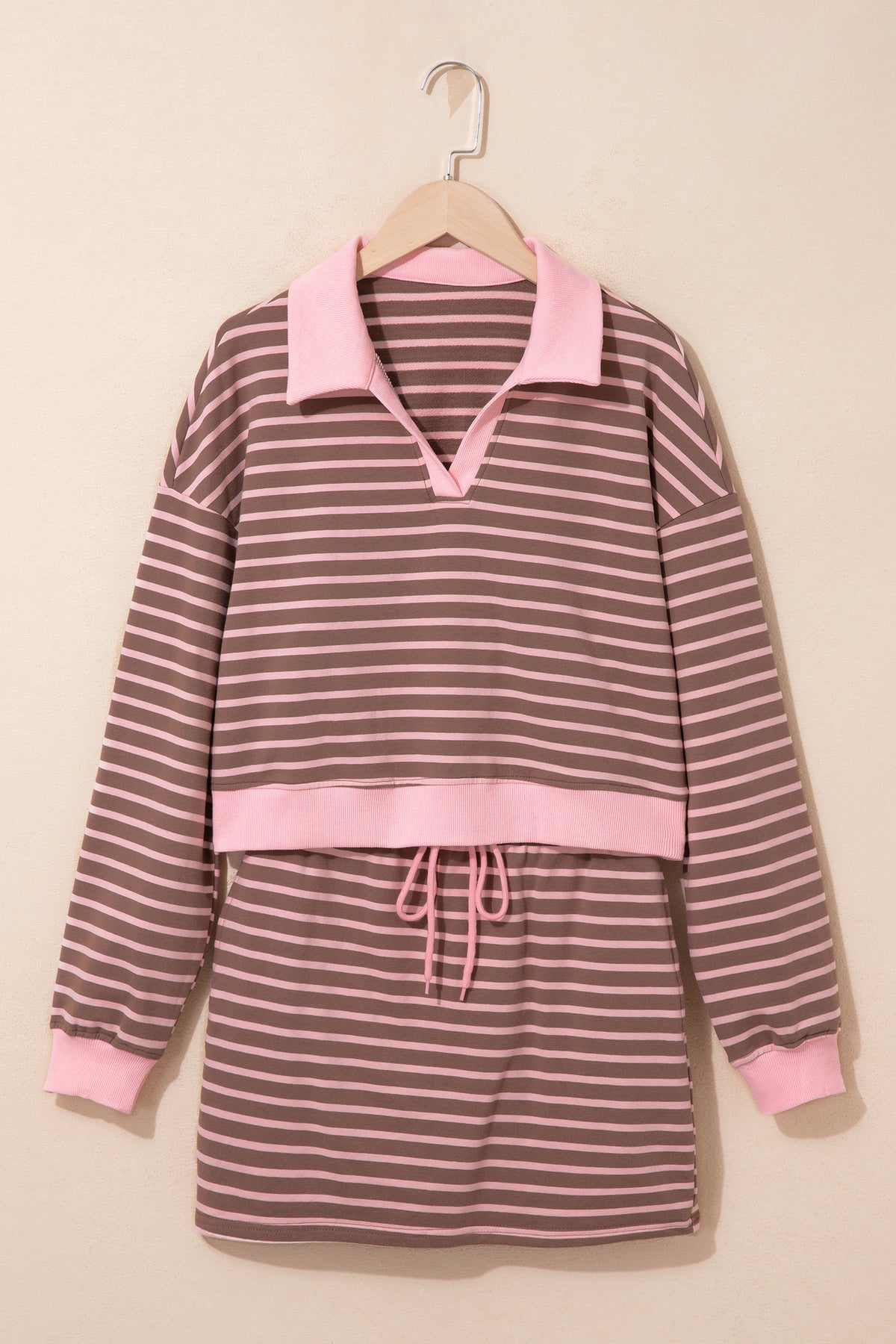 Brown Stripe Striped Drawstring Waist Long Sleeve Top Mini Skort Set-Two Piece Sets/Two Piece Dresses-[Adult]-[Female]-2022 Online Blue Zone Planet