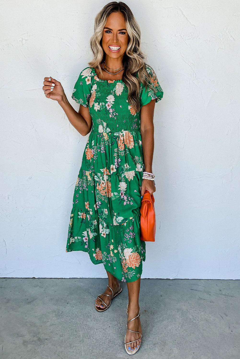 Blue Zone Planet |  Green Floral Print Bubble Sleeve Smocked Tiered Midi Dress Blue Zone Planet