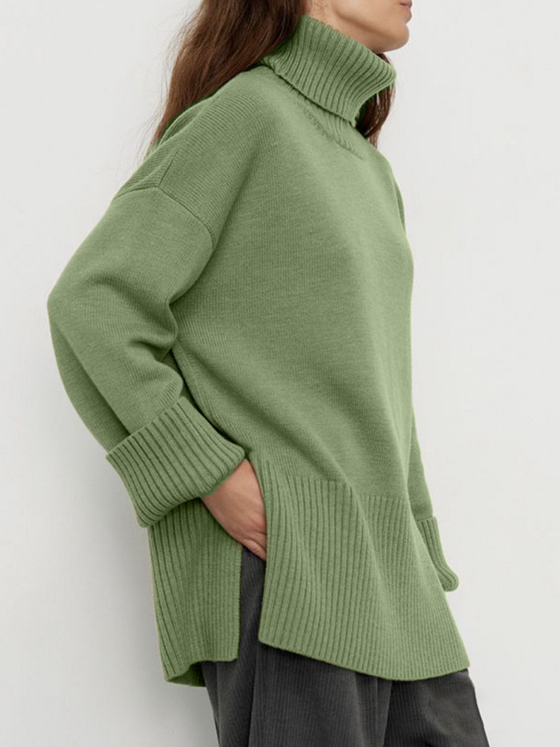 Side Slit Turtleneck Drop Shoulder Sweater-TOPS / DRESSES-[Adult]-[Female]-2022 Online Blue Zone Planet