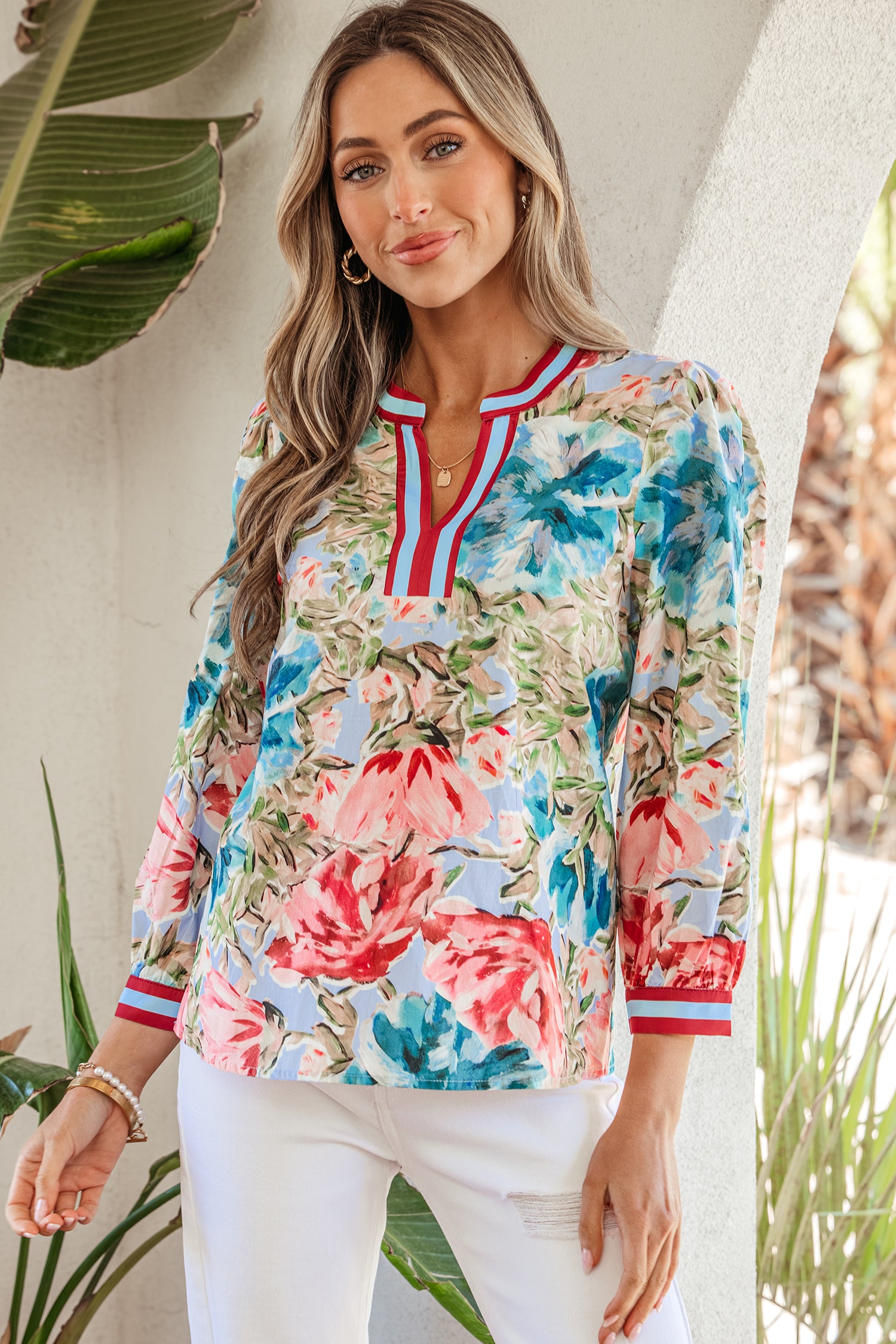 Sky Blue Contrast Trim V Neck Cuffed Bracelet Sleeve Floral Blouse-Bracelet-[Adult]-[Female]-2022 Online Blue Zone Planet