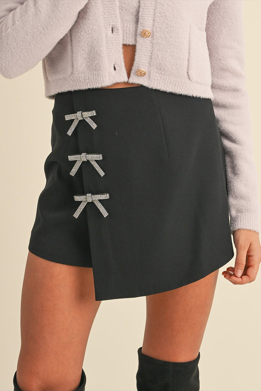Black Rhinestone Bow Wrap High Waist Mini Skirt-Bottoms/Skirts & Petticoat-[Adult]-[Female]-Black-S-2022 Online Blue Zone Planet