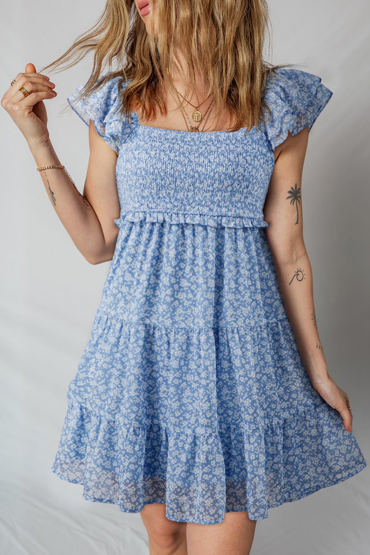 Sky Blue Floral Print Square Neck Flutter Sleeve Smocked Tiered Mini Dress-TOPS / DRESSES-[Adult]-[Female]-Sky Blue-S-2022 Online Blue Zone Planet