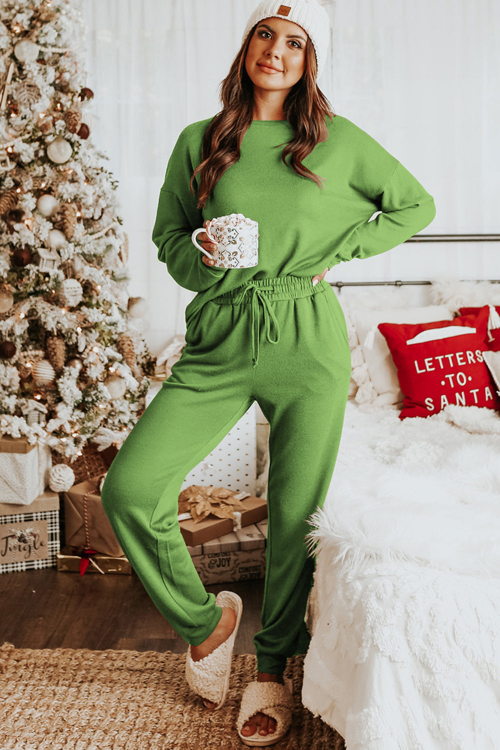 Spinach Green Long Sleeve Pullover and Jogger Pants Lounge Set-Loungewear & Sleepwear/Loungewear-[Adult]-[Female]-2022 Online Blue Zone Planet