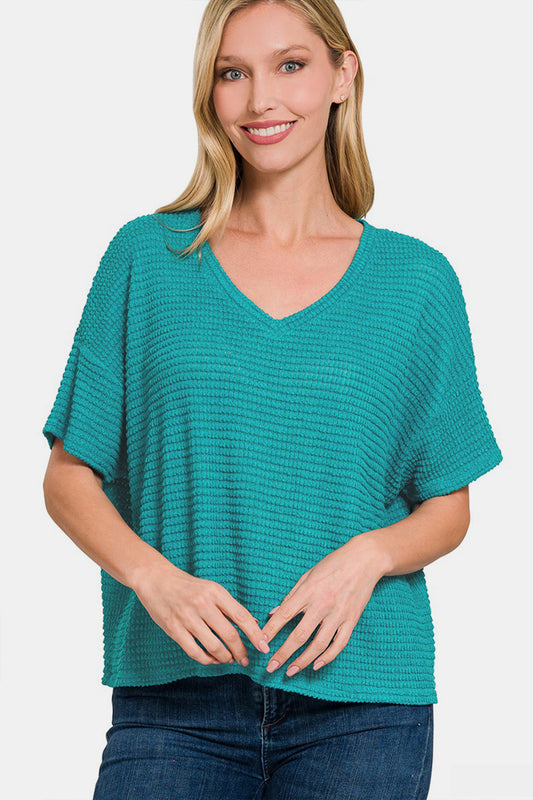 Zenana Drop Shoulder Short Sleeve Jacquard Knit Top-TOPS / DRESSES-[Adult]-[Female]-Lt Teal-S/M-2022 Online Blue Zone Planet