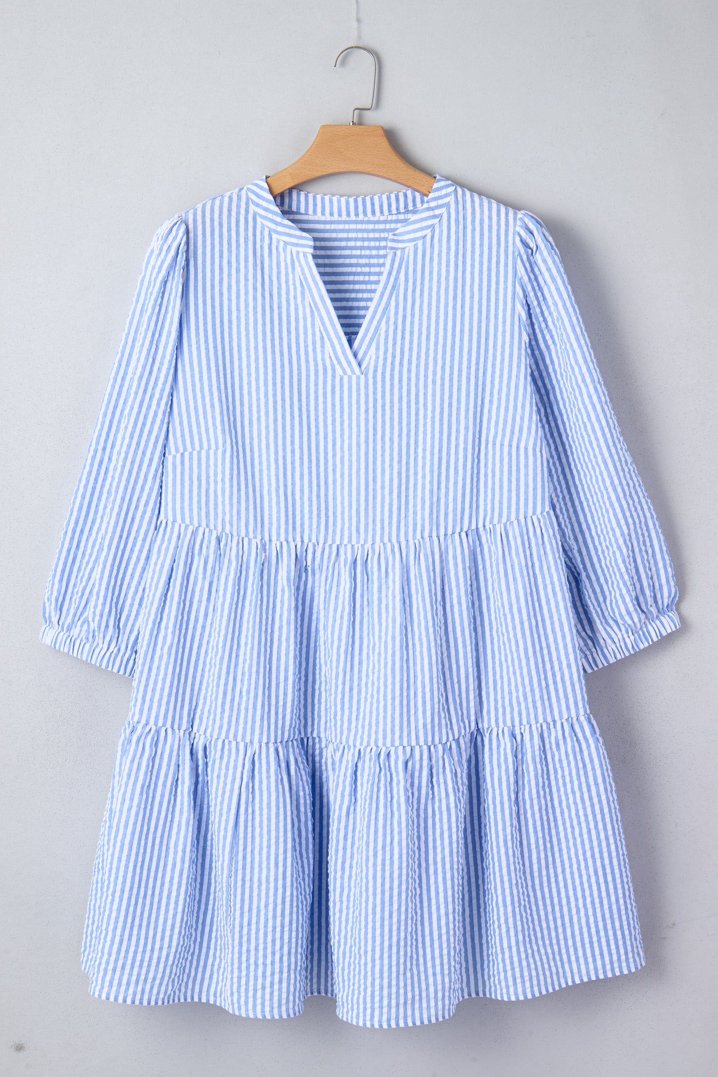 Sky Blue Stripe Seersucker Textured Notched Neck Long Puff Sleeve Tiered Curvy Dress-TOPS / DRESSES-[Adult]-[Female]-2022 Online Blue Zone Planet