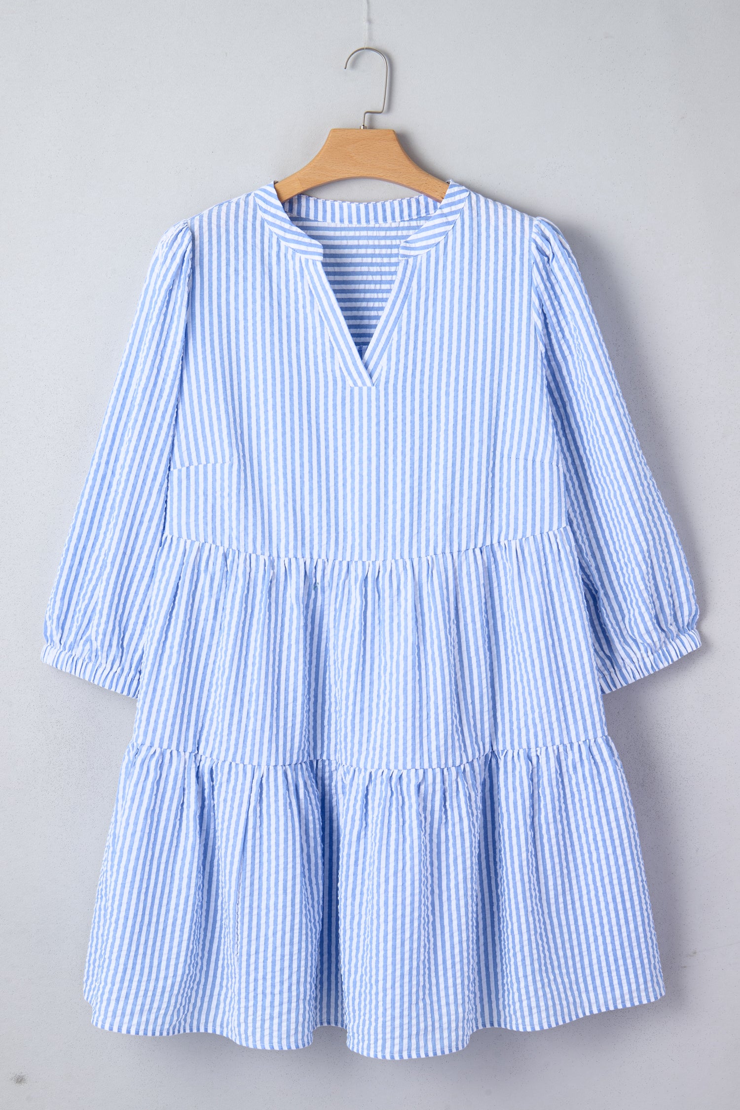 Sky Blue Stripe Seersucker Textured Notched Neck Long Puff Sleeve Tiered Curvy Dress-TOPS / DRESSES-[Adult]-[Female]-2022 Online Blue Zone Planet